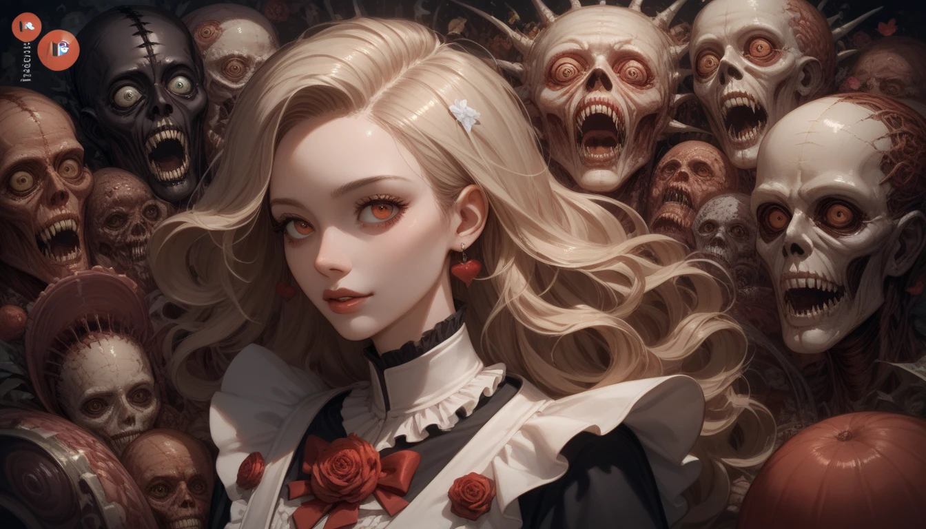 {-erro_de_anatomia:1.0} woman 30 years old, victorian era,victorian clothes, (white dress), dark castle, a woman (witchcraft), very long blond hair (blond hair), (gray eyes) . Indifferent look , merciless. among the skulls, dinamic poses, egoist smile, upper body