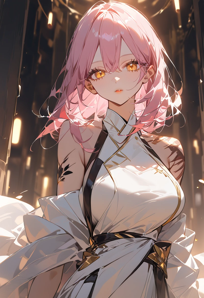 height:1'65cm Gender : female Appearance : soft pale pink hair ,  hair below the shoulders , light skin,  golden eyes ,  long eyelashes , Big breasts cup D,  Her medium scar is a burn on her right shoulder, a slim body . outfit: white kimono, so is the negro.