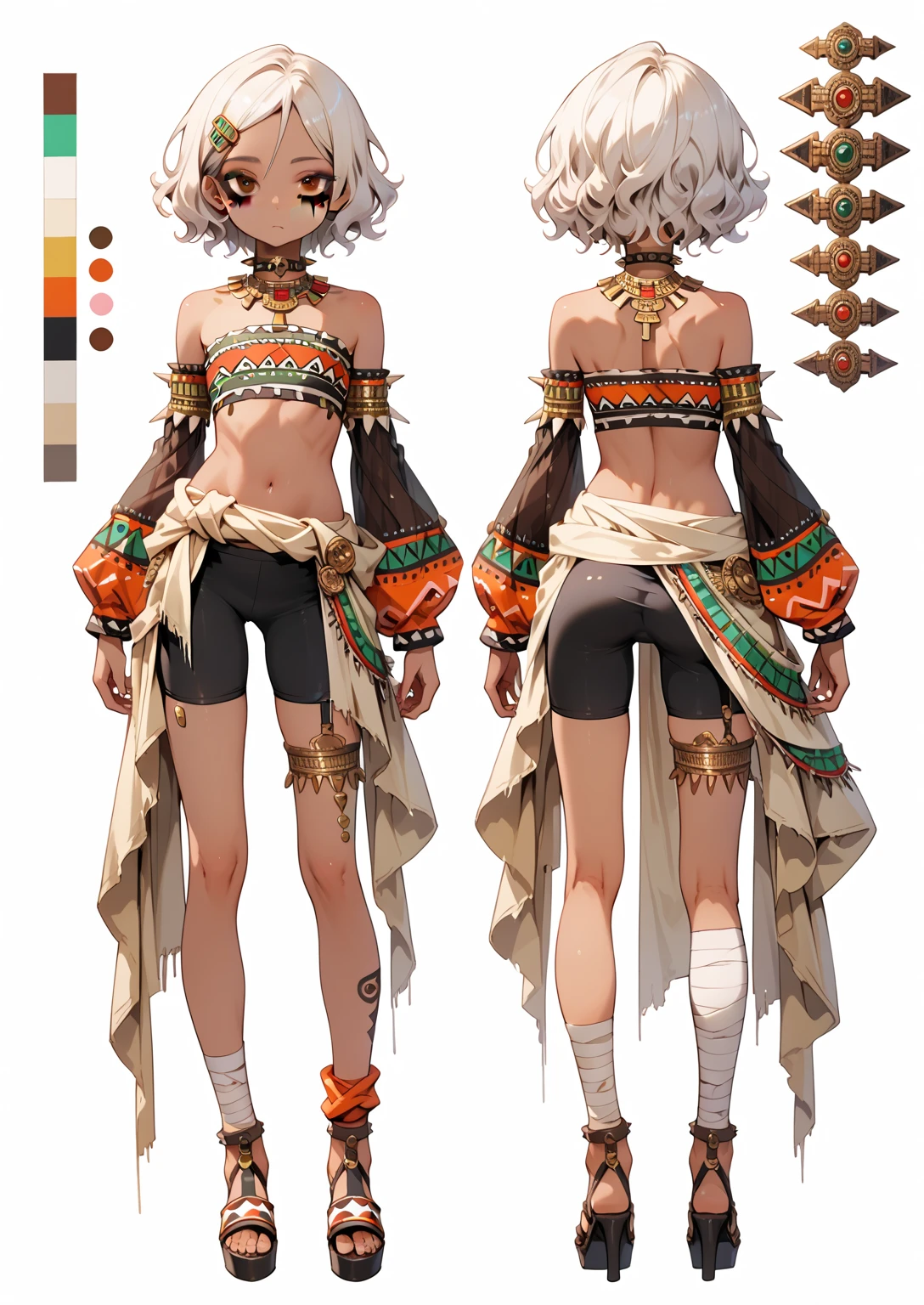 character sheet. clothing details, front view, back view. NSFW. dark skin ****, white hair, wavy hair, short hair, flat chest, aztec clothes, bike shorts, asymetrical clothes, dangling elements, complex pattern design, bitch, prostitute, smear makeup, detached sleeves, long sleeves, expressionless face, long legs, detailed clothes, bandages on leg, hanging clothes, asymetrical legwear, plataform heels, sexy, spikes choker, hanging straps, heart hair clip, masterpiece, best quality, uncensored
