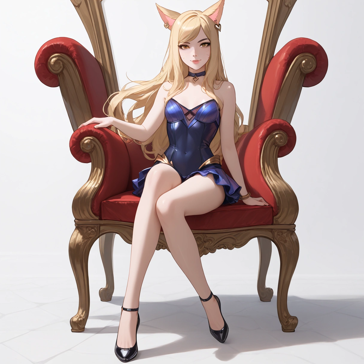 ((full body photo, standing, feet on the ground)) KDA Ahri LoL PD, masterpiece, best quality, (sitting on throne, legs crossed, showing feet, profile photo), highly detailed, score_9, score_8_up, score_7_up, score_6_up, anime font ,BREAK, 2girl, solo, long hair, blue eyes, flower, small breasts, bow, looking at viewer, freckles, parted lips, smile, full body, lips red, lips, leather ballet shoes, side photo, she looks at you, fishnets, white background, neutral cast
