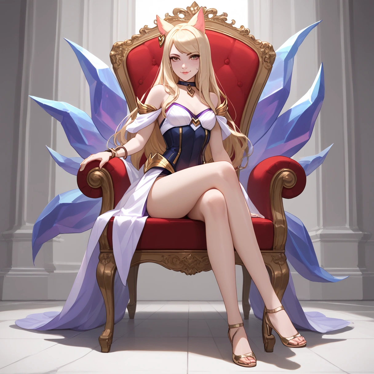 ((full body photo, standing, feet on the ground)) KDA Ahri LoL PD, masterpiece, best quality, (sitting on throne, legs crossed, showing feet, profile photo), highly detailed, score_9, score_8_up, score_7_up, score_6_up, anime font ,BREAK, 2girl, solo, long hair, blue eyes, flower, small breasts, bow, looking at viewer, freckles, parted lips, smile, full body, lips red, lips, leather ballet shoes, side photo, she looks at you, fishnets, white background, neutral cast
