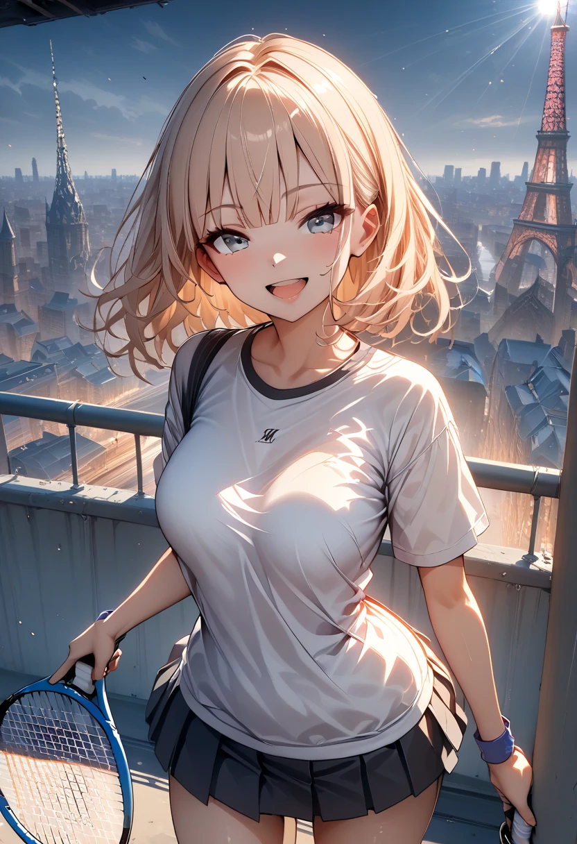 (  Masterpiece  :1.2) ( top quality) (  Details) ( complicated) (8k) ( high definition ) ( wallpaper) ( cinematic lighting) ( sharp concentration), 1 girl ,  building , Chain link_ fence,  fence, nullscraper, cityscape, Ferris_wheel, green_null, city, racket, null, , tennis_racket, nullline, rooftop,  architecture, smile, day, East__ architecture, lens_Flare, Tower,  bridge , Home, open_mouth, Genuine_world_place, Abigail 