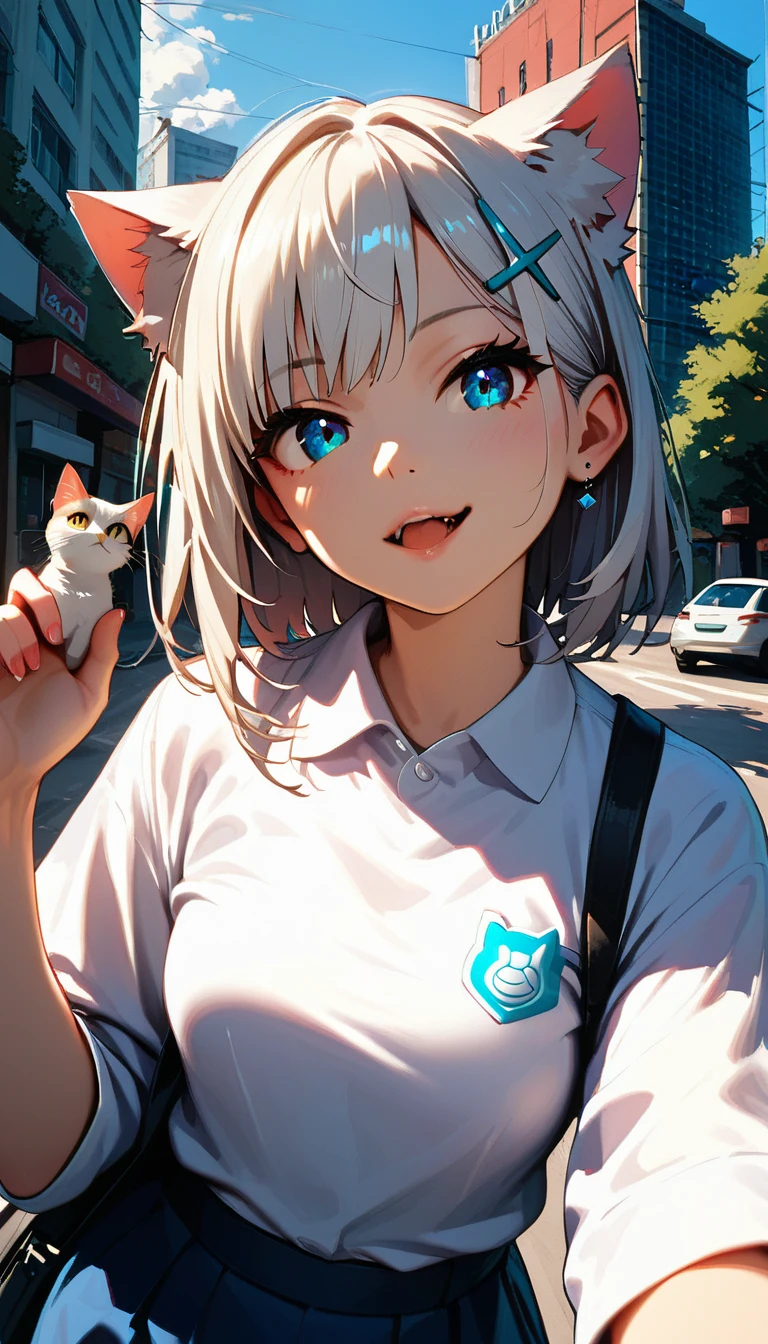  1 girl , That will happen,  view viewers ,  white hair, cat, cat ears, catの尻尾,  white shirt, Open the clothes, Russian cities, ba-shiroko