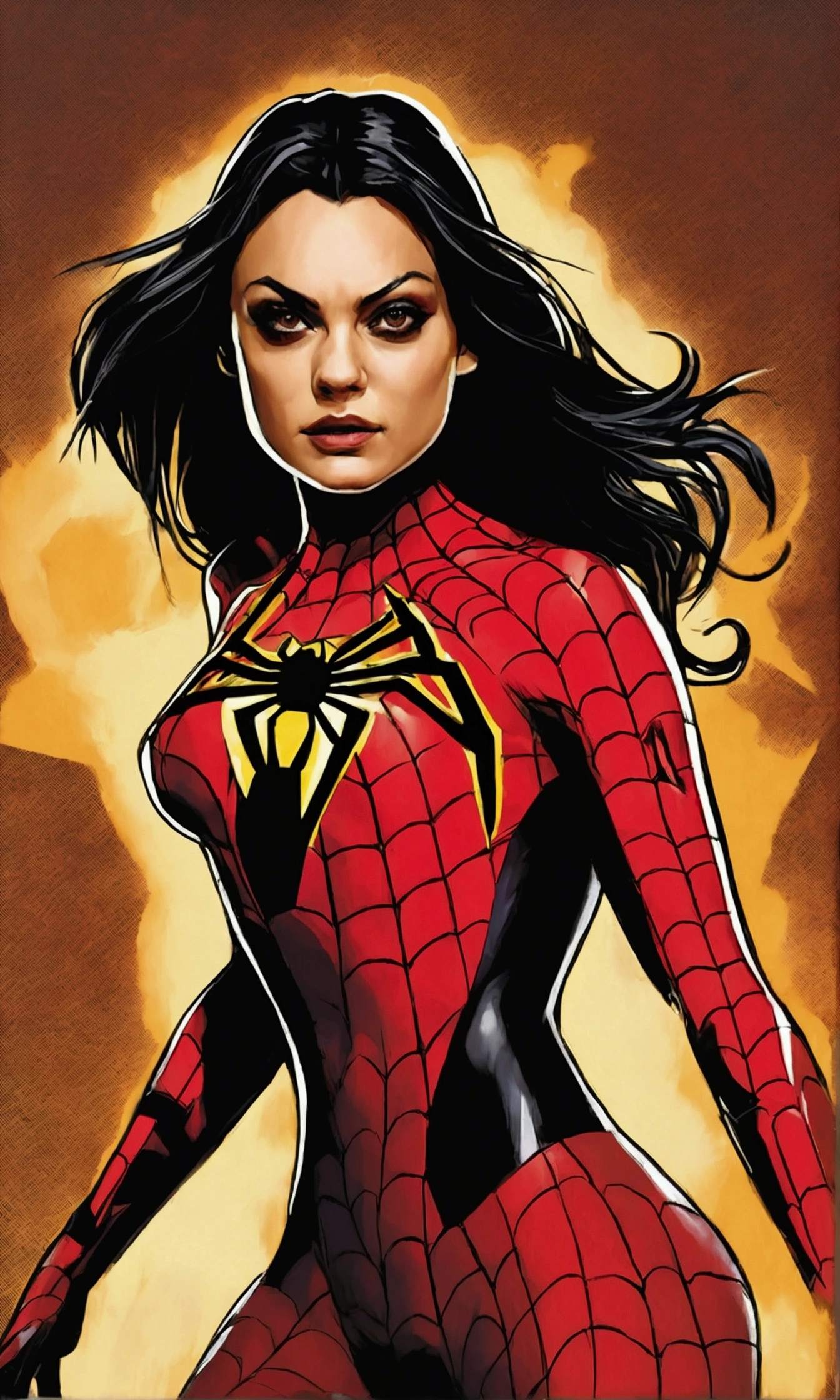sw_jessicadrew, standing, spider's web background, inksketch, red and yellow superhero costume, black hair, long hair, underarm webbing, red mask with white lenses and a yellow triangle on the forehead, photorealistic, highly detailed, high resolution, best quality, highres, (detailed eyes:1.4), (detailed face:1.2), colorful, vivid color <lora:Spider-Woman (Jessica Drew) LoRA v3.0 (AOM2) 50-1500 [Clip skip 2]-000001:0.7> <lora:inkSketch_V1.5:0.5>