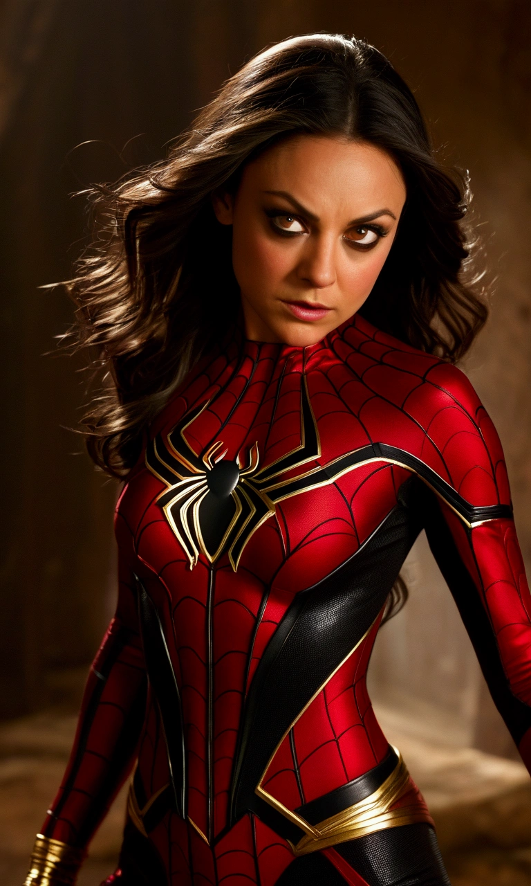 (Thirty year old) woman, in the heavy rain, dressed as spiderman, Spider-Man, beautiful legs, small breasts, dreamy photo, dynamic pose, looking straight at camera, detailed eyes, soft expression, flirty, slight smile, dark city landscape, city lights, top of building, light reflecting on ground, crowd of dark strangers, misty, andre kohn, Canon, (Detailed features::1.2), real life. Hayley Atwell