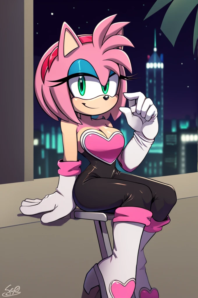 score_9, score_8_up, 2D, flat color, looking at viewer, (1girl), (solo), very detailed, extremely detailed, Amy Rose from the sonic the hedgehog series, portrait, smile, looking at viewers, hair down, hair bangs, large bust, milf, Rouge cosplay, cosplay, Rouge outfit, she wears a black skin-tight and strapless low-cut jumpsuit, a pink heart-shaped chest plate outlined with thin white trim, elbow-length white gloves with pink cuffs, sitting on a stroller chair, on the terrace, near to the city at night
