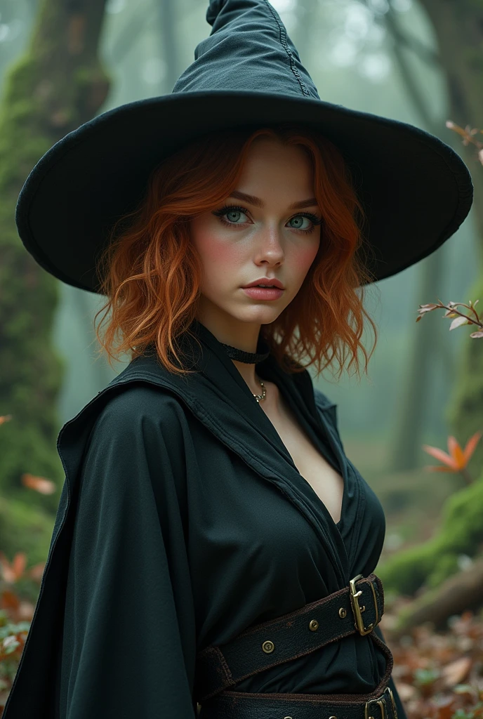 Create a portrait of a young, very beautiful modern witch practicing dark magic. She has striking red hair and is very sensual, with freckles adorning her face. The image should be from the chest up, emphasizing her attractive features. Her expression is alluring and confident, capturing her modern, seductive witch persona. She is dressed in contemporary, stylish clothing that hints at her magical prowess. The background should be dark and mystical, adding to the enchanting and slightly dangerous aura of this captivating modern witch.