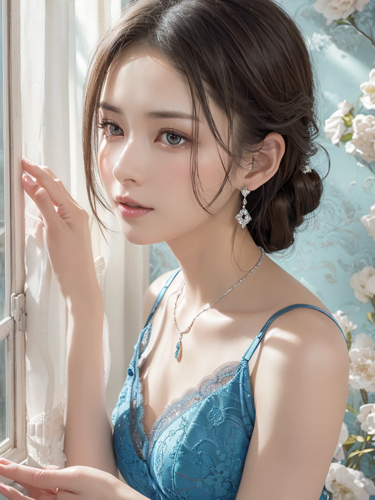 Blue lace lingerie& good, ((( very elegant and beautiful , perfect detail,  super detailed))), whole body,  The most detailed girl ,  Depth of Written Boundary , 美しく詳細なwhole body, Thin legs,  1 girl, 30 years old,  very short hair, Spiked Hair,  gray and silver hair,  beautiful detail hair,  perfect face,  expressionless, Beautifully detailed deep eyes,  open your mouth slightly,  Delicate arms and hands ,  pale skin,  earrings for a woman alone, BEAUTIFUL LUXURY NECKLACE ,  colorful background, HD Backgrounds,  blurry background,   so delicate and beautiful ,   Masterpiece  , ((( top quality,   very beautiful 8K CG Wallpaper ))), ((( trendy hairstyle ))), ( in the room, Stylish Interior , Window ),Be sure to look at the camera、