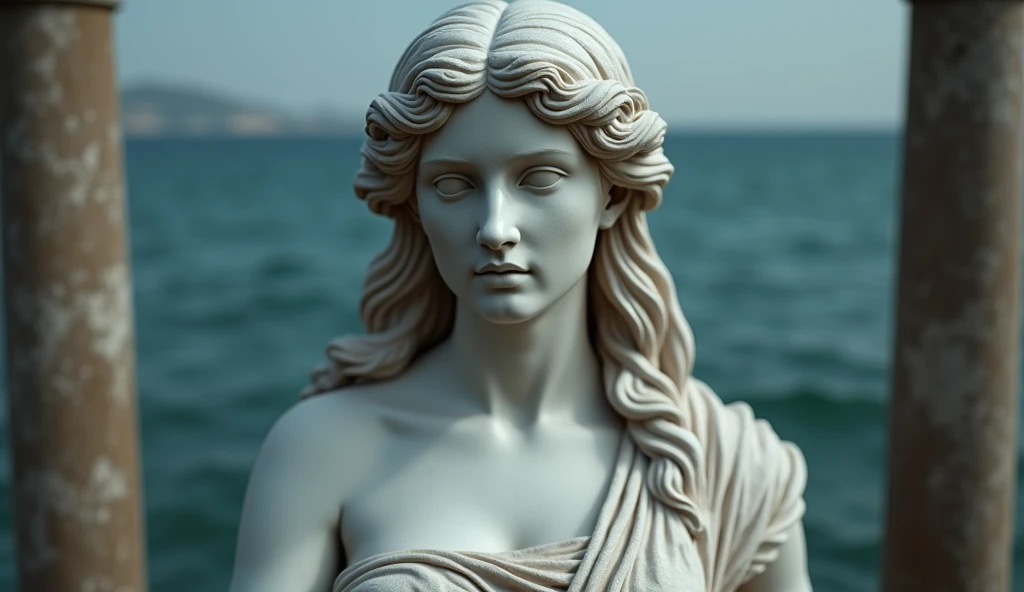 a detailed white marble statue of the god of the ocean, highly detailed facial features, intricate robes, dramatic lighting, cinematic camera angle, dramatic ocean waves in the background, photorealistic, 8k, best quality, ultra-detailed, realistic, photo-realistic, physically-based rendering, professional, vivid colors, masterpiece