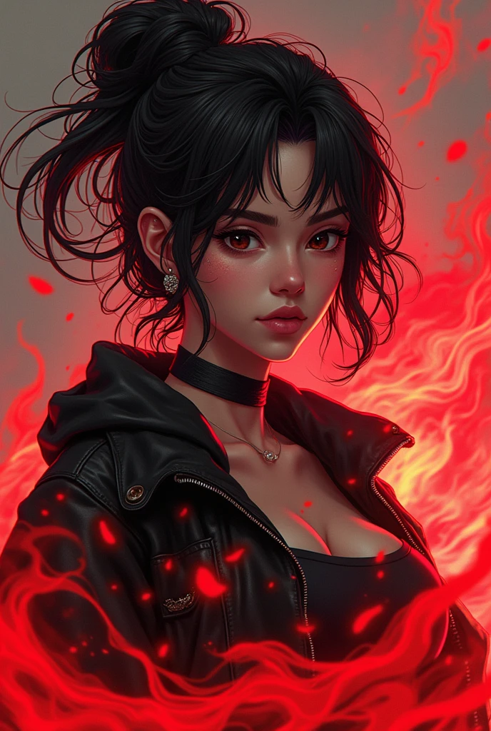 teddy bear、Gothic Punk、hair ornaments、Black-haired、pink and black colors、Bobcut、black pink shirt、、Black shorts、Blunt bangs、Photorealistic, High resolution, 1 girl, Korean, Eye of Fire、Afterimage of flame seen from the eye