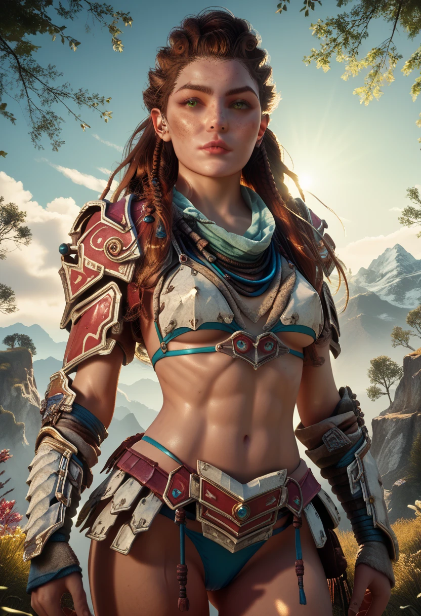 1woman, (Aloy:1.37), (Horizon Forbidden West Aloy:1.27),slim and toned, reddish brown hair, braids and hair ornaments, detailed green eyes, freckles, (small bust), (wearing string only micro bikini), (bikini armor:1.37), erect nipples, midriff, (thighs showing), ultra-detailed, beautifully detailed face, sharp green eyes, detailed lips, various dynamic combat poses, (cowboy shot:1.32), (wide angle:1.28), outdoor mountain landscape background, warm lighting, vibrant color palette, d3t41l3d