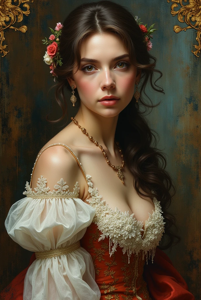 (highres,masterpiece:1.2),(realistic:1.37)"(best quality, highres, ultra-detailed, realistic),beautiful 19th-century portrait of a 16-year-old French ballet dancer, (She is half French and half Swedish, and is a stunning beauty with dark blue eyes and a high nose:1.1), ((massive breasts, gigantic breasts, sagging breasts, cleavage)), elaborate ballet costume, detailed facial features, long graceful neck, flowing locks of hair, poised and elegant posture, soft and delicate lighting, classic oil painting medium, vibrant colors, subtle background with floral motifs"