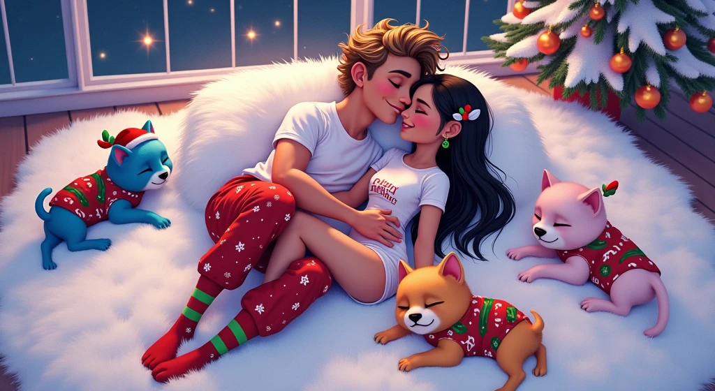 A cozy and magical scene inspired by Disney Pixar films, posters and 3D characters, in high resolution and quality. a couple of two  ren, lying, and certainly sleeping, hugging each other affectionately, on a plush white rug. The boy has very light brown hair that is curly on top and short on the sides, his skin is tanned from the sun, he is handsome and charming, he wears a white t-shirt without prints and red pajama pants with a Christmas theme and white socks, and the girl She is wearing a white t-shirt without prints and very short green shorts and red Christmas socks, she is sensual, daring, sassy, ​​she wears a colorful feather earring in her ear, she has black, straight and long hair down to her waist, Brazilian Indian, very light brown skin. Both wear white t-shirts and sweatshirts, the red boy and the green girl wear white socks decorated with Christmas themes. They are hugging each other, with serene expressions and closed eyes. Around, on the same rug, four sleeping puppies with their eyes closed, all wearing Christmas clothes: a blue kitten, a yellow kitten wearing a red and white Christmas hat with a bell, a pink kitten with a Christmas wreath, and a white Lhasa Apso puppy with caramel spots on its eyes and paws. In the background, an immense window reveals a magical starry night, with a larger, brighter star illuminating the environment. The scene is fully decorated in the Christmas atmosphere, with a Christmas tree and gifts next to it. All the details reinforce the warmth and magic of Christmas.