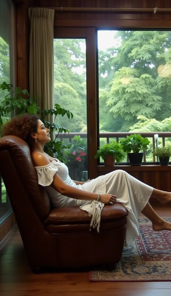 Beautiful woman sitting on a couch, with legs stretched out, relaxed and happy ,  watching TV in a comfortable room with some plants,  porch and lush nature outside 