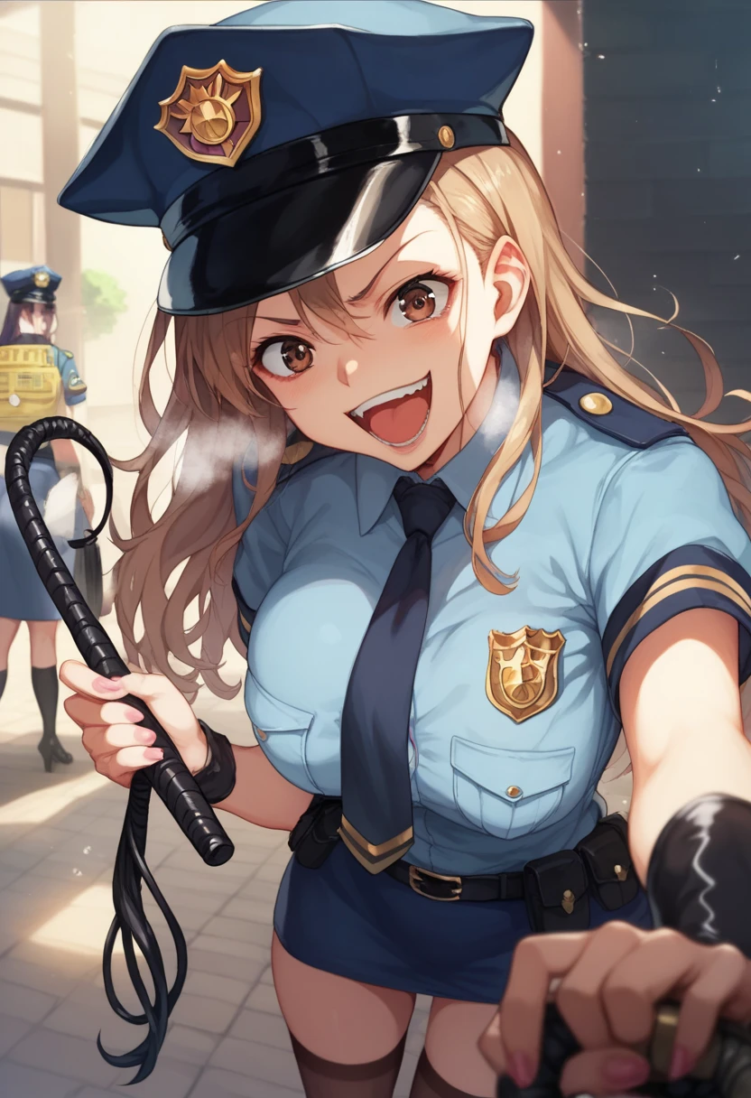 The background is a dark basement made of bricks 、Two women in their 20s with big breasts 、 Brown Eyes  、Yakumo Beni,  They are wearing female police officers or police uniforms,  holding a long whip in their hands ,  床に鞭を置け composition showing the floor from the ceiling 、cute anime style picture,  rough breathing,  crazy smile ,  crazy, evil, 