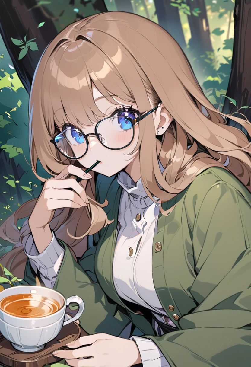 Cute woman wearing glasses in a forest drinking tea