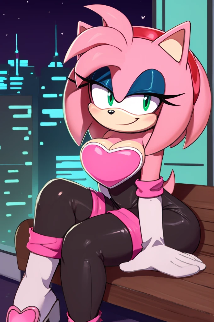 score_9, score_8_up, 2D, flat color, looking at viewer, (1girl), (solo), very detailed, extremely detailed, Amy Rose from the sonic the hedgehog series, portrait, smile, looking at viewers, hair down, hair bangs, large bust, milf, Rouge cosplay, cosplay, Rouge outfit, she wears a black skin-tight and strapless low-cut jumpsuit, a pink heart-shaped chest plate outlined with thin white trim, elbow-length white gloves with pink cuffs, sitting on a stroller chair, on the terrace, near to the city at night