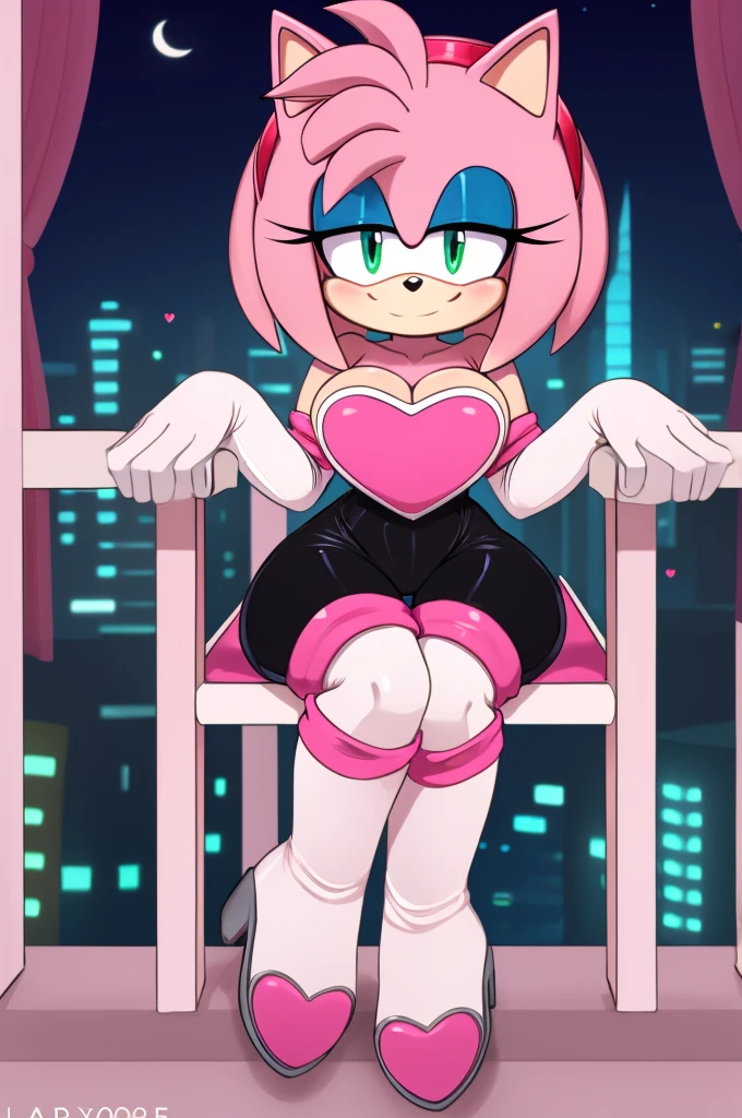 score_9, score_8_up, 2D, flat color, looking at viewer, (1girl), (solo), very detailed, extremely detailed, Amy Rose from the sonic the hedgehog series, portrait, smile, looking at viewers, hair down, hair bangs, large bust, milf, Rouge cosplay, cosplay, Rouge outfit, she wears a black skin-tight and strapless low-cut jumpsuit, a pink heart-shaped chest plate outlined with thin white trim, elbow-length white gloves with pink cuffs, sitting on a stroller chair, on the terrace, near to the city at night