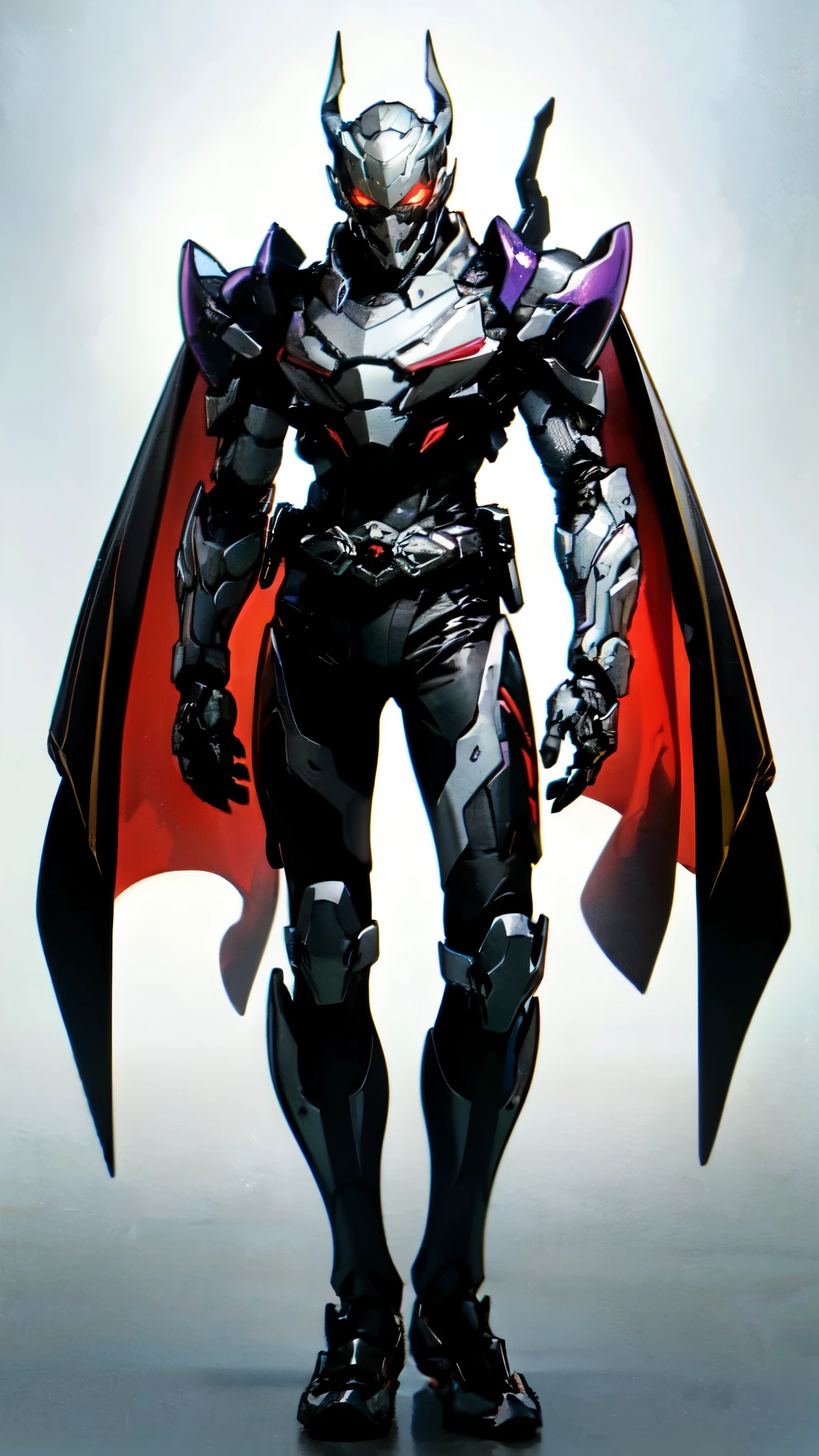 (masterpiece:1.5, best quality:1.5, extremely delicate:1.5), ((male:1.5)), a man wearing a full-face helmet, high-tech biomimetic armored combat suit, (a composite layered chest armor), the design balances heavy with agility, fully enclosed shoulder guards, matching arm and leg guards, a belt of gemstone, (the color scheme is primarily Red with Purple and Yellow accents, Organic Biotech, Concept Inspired by Vampire, glowing eyes, armor glows, huge cloak like devil wings), stand of a futuristic sci-fi city, this character embodies a finely crafted fantasy-style armored hero in anime style, exquisite and mature art style, metallic, high definition, highres, ultra-detailed, ultra-fine painting, professional, perfect body proportions, golden ratio, anatomically correct, symmetrical face, extremely detailed eyes and face, high quality eyes, creativity, RAW photo, UHD, 32k, Natural light, cinematic lighting, (masterpiece-anatomy-perfect:1.2)