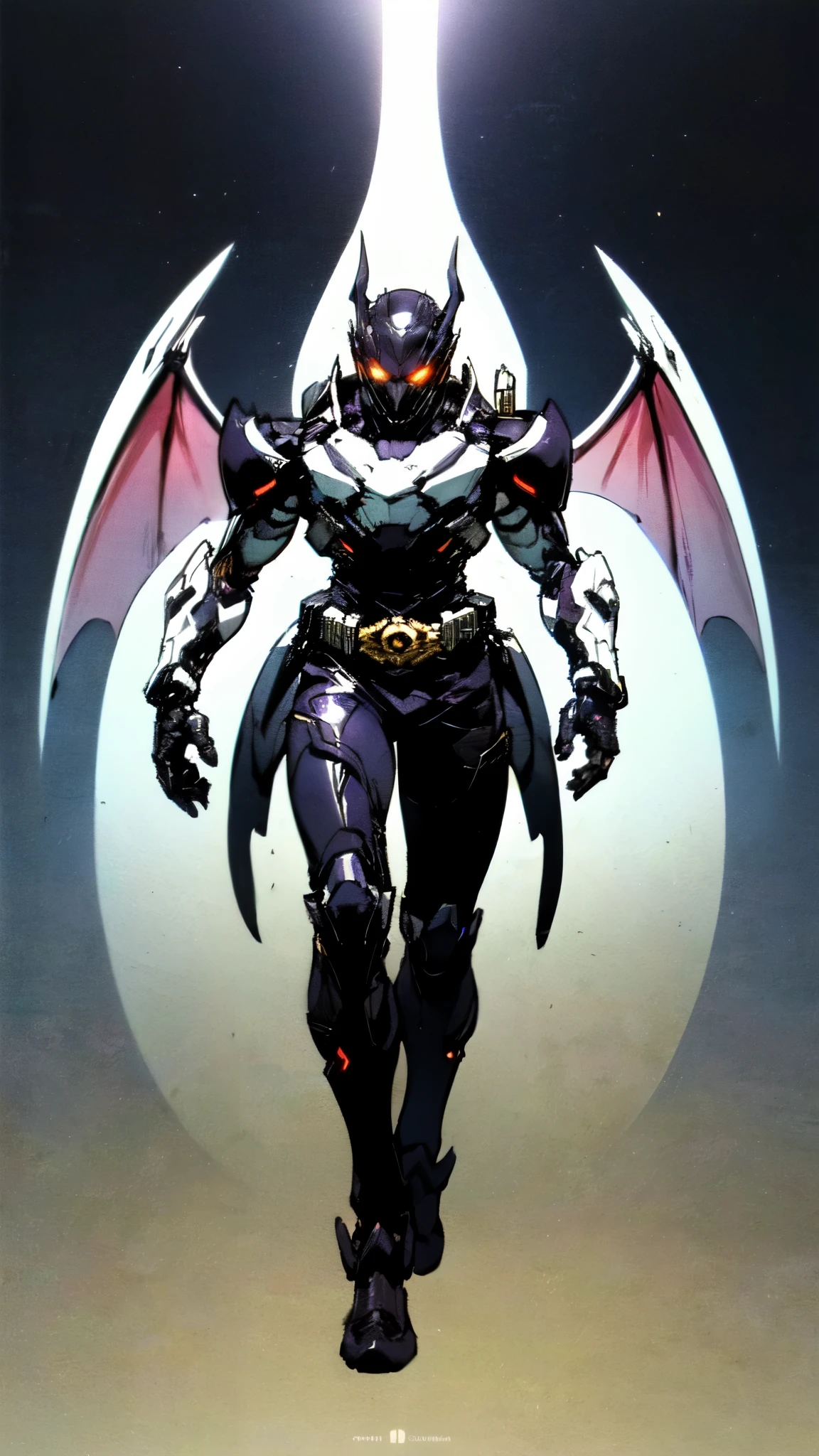 (masterpiece:1.5, best quality:1.5, extremely delicate:1.5), ((male:1.5)), a man wearing a full-face helmet, high-tech biomimetic armored combat suit, (a composite layered chest armor), the design balances heavy with agility, fully enclosed shoulder guards, matching arm and leg guards, a belt of gemstone, (the color scheme is primarily Red with Purple and Yellow accents, Organic Biotech, Concept Inspired by Vampire, glowing eyes, armor glows, huge cloak like devil wings), stand of a futuristic sci-fi city, this character embodies a finely crafted fantasy-style armored hero in anime style, exquisite and mature art style, metallic, high definition, highres, ultra-detailed, ultra-fine painting, professional, perfect body proportions, golden ratio, anatomically correct, symmetrical face, extremely detailed eyes and face, high quality eyes, creativity, RAW photo, UHD, 32k, Natural light, cinematic lighting, (masterpiece-anatomy-perfect:1.2)