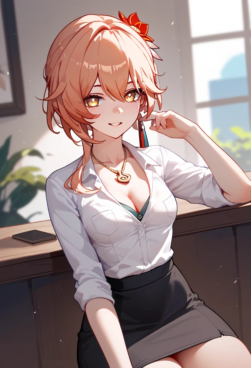 Guinaifen \(honkai: star rail\), smile, parted lips, looking at viewer, small breasts, shushing, Business shirts、black Skirt、necklace,cleavage