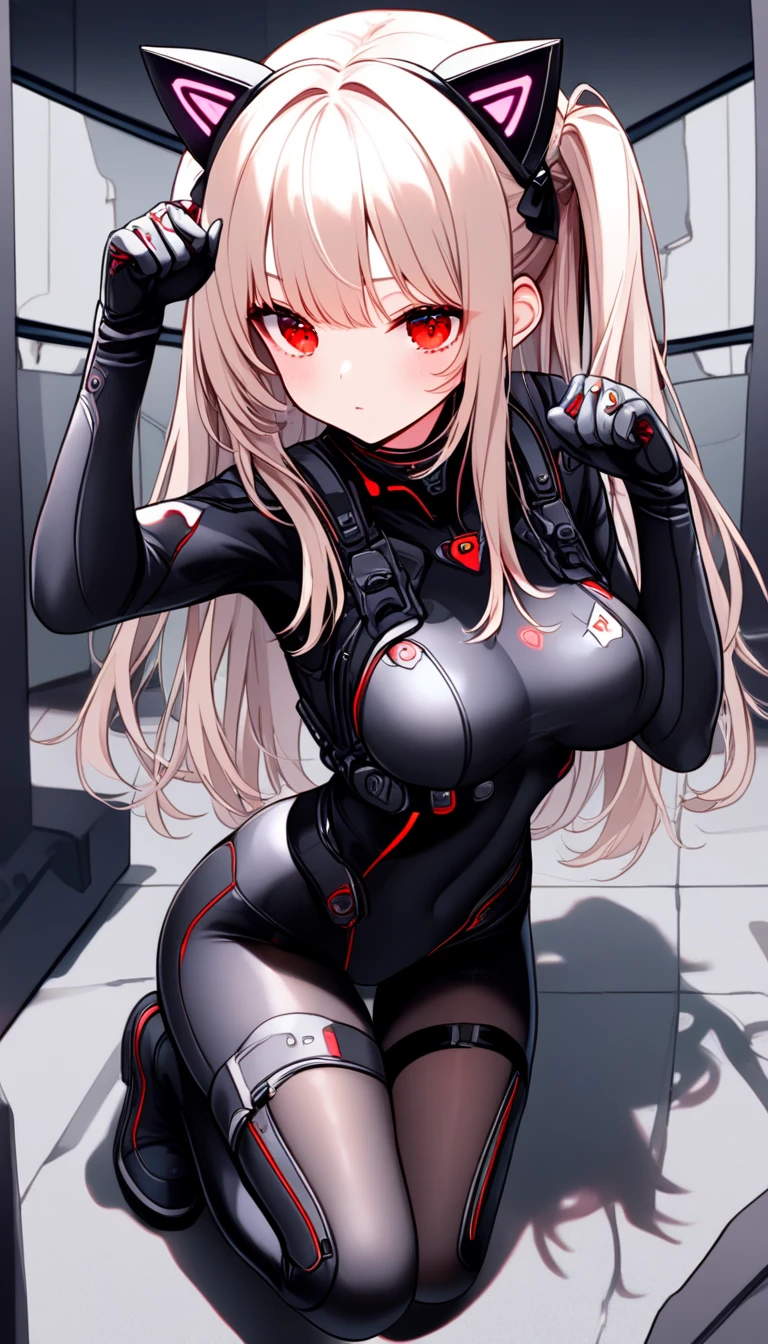  4K,  hair 、stockings,    Red eyes , , cat cyber ears,  high definition  , One, masterpiece,    best quality,  duration ,  tight combat suit, 1 girl,  full body , 