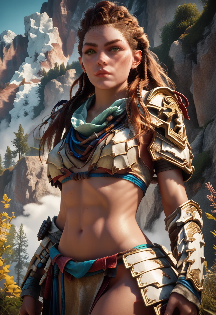 1woman, (Aloy:1.37), (Horizon Forbidden West Aloy:1.27),slim and toned, reddish brown hair, braids and hair ornaments, detailed green eyes, freckles, (small bust), (wearing string only micro bikini), (bikini armor:1.37), erect nipples, midriff, (thighs showing), ultra-detailed, beautifully detailed face, sharp green eyes, detailed lips, ((standing in dynamic combat poses)), (cowboy shot:1.32), (wide angle:1.28), high resolution, 8k, 16k, outdoor mountain landscape background, warm lighting, vibrant color palette, d3t41l3d