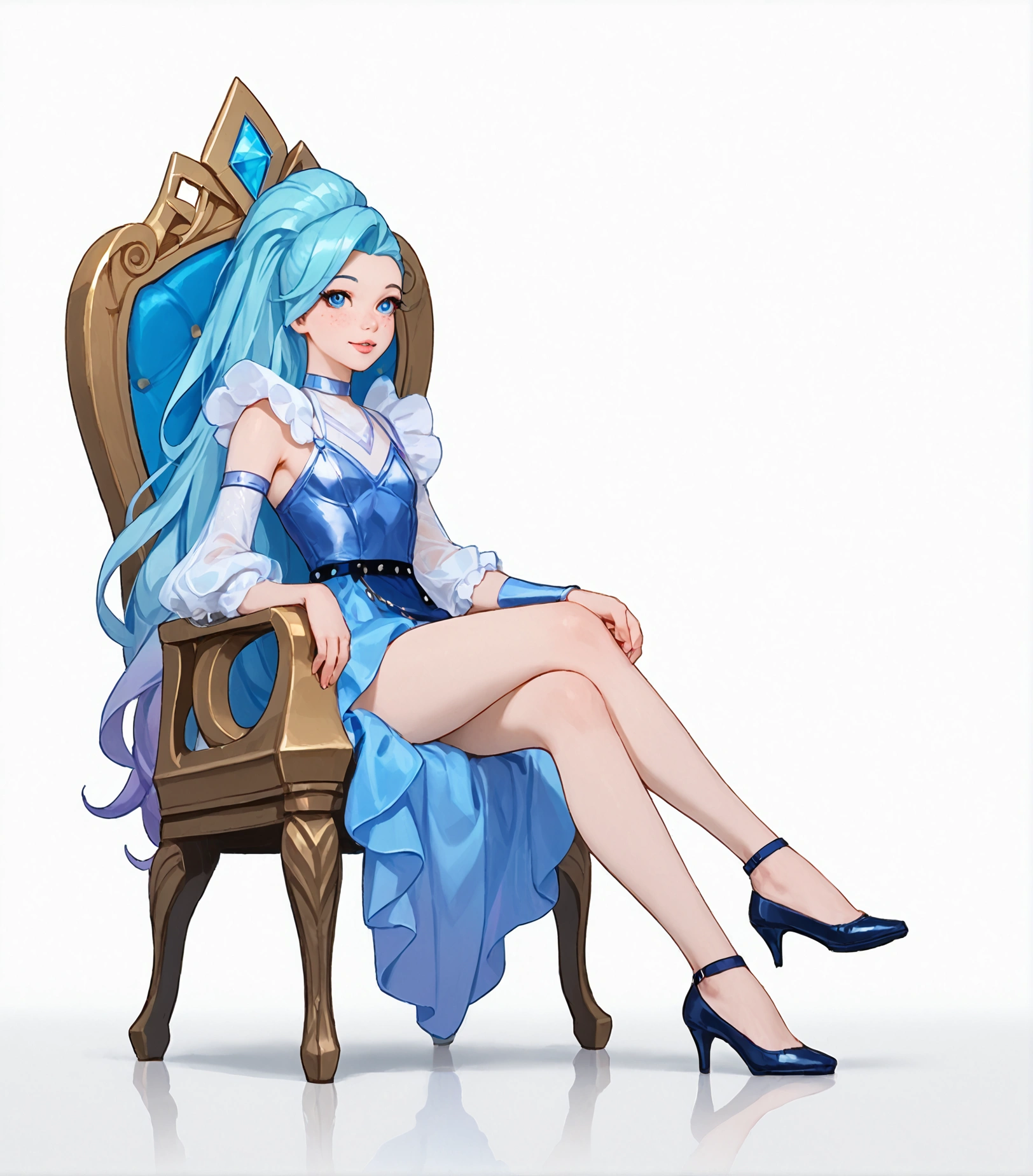 ((full body photo, standing, feet on the ground)) KDA All Out Seraphine .League of Legends., masterpiece, best quality, (sitting on throne, legs crossed, showing feet, profile photo), highly detailed, score_9, score_8_up, score_7_up, score_6_up, anime font ,BREAK, 2girl, solo, long hair, blue eyes, flower, small breasts, bow, looking at viewer, freckles, parted lips, smile, full body, lips red, lips, leather ballet shoes, side photo, she looks at you, fishnets, white background, neutral cast
