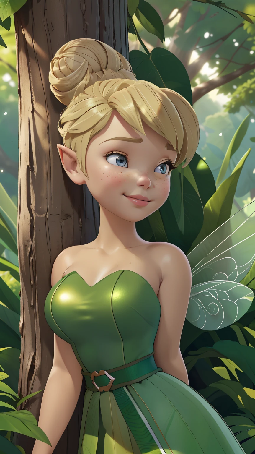 1girl in, age18, Tinkerbell Waifu, photo of perfect woman, miniature ferry, Solo, (miniature girl and a huge world: 1.2), Aesthetic artwork, (single bun, short hair, Short blonde hair in the bun:1.25), (some small freckles, pale skin, large breasts, DD-cup, runners body, very thin waist, skinny, petite, detailed skin texture), (laying faced down against a tree, breasts squished up against tree, hugging tree clove to her body, content expression half smile, Half-Lidded eyes, glossy lips, focus on breasts:1.2), (fairy wings, big fairy wings, fairy ears), (wearing strapless green dress, Tinkerbell dress:1), (surrounded by giant plants, tiny girl in a huge world, detailed outdoor forest background:1.3), (extremely detailed 8k wallpaper), soft lighting, high quality, film grain, Fujifilm XT3 sharp focus, f 5.6, 50mm, High Detail, Sharp focus,(natural light), crazy details, complex details, hyper detailed. (cowboy photo:1.2), light particles, sfw