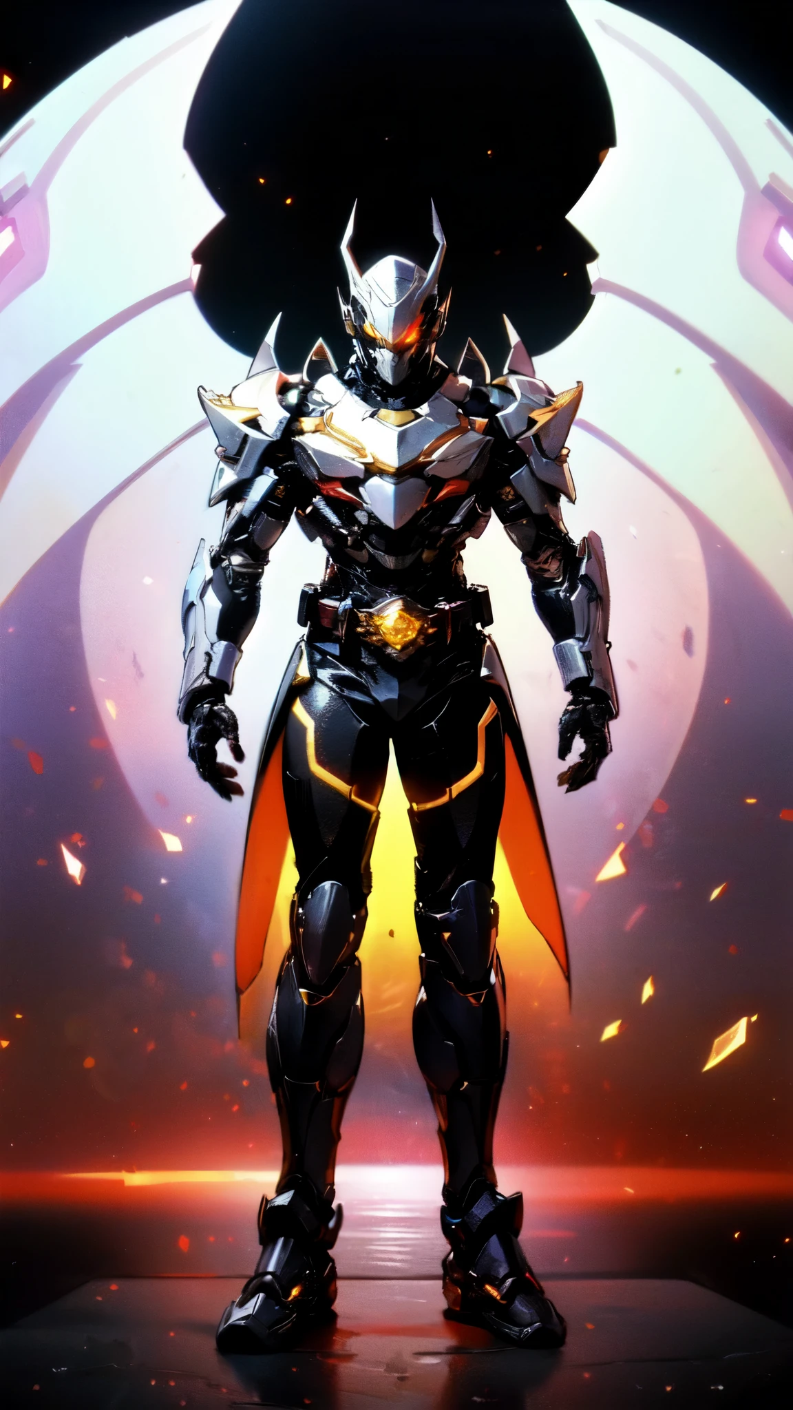 (masterpiece:1.5, best quality:1.5, extremely delicate:1.5), ((male:1.5)), a man wearing a full-face helmet, high-tech biomimetic armored combat suit, (a composite layered chest armor), the design balances heavy with agility, fully enclosed shoulder guards, matching arm and leg guards, a belt of gemstone, (the color scheme is primarily Red with Purple and Yellow accents, Organic Biotech, Concept Inspired by Vampire, glowing eyes, armor glows, huge cloak like devil wings), stand of a futuristic sci-fi city, this character embodies a finely crafted fantasy-style armored hero in anime style, exquisite and mature art style, metallic, high definition, highres, ultra-detailed, ultra-fine painting, professional, perfect body proportions, golden ratio, anatomically correct, symmetrical face, extremely detailed eyes and face, high quality eyes, creativity, RAW photo, UHD, 32k, Natural light, cinematic lighting, (masterpiece-anatomy-perfect:1.2)