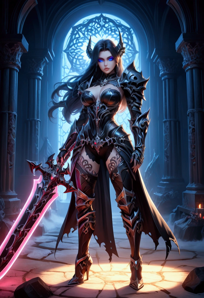girl, demon warrior, evil look, wielding a sword, demonic armor, facepaint, bodypaint, red glowing eyes, combat stance, vibrant appearance, creative behavior, imaginative, sensual, spontaneous, highest quality, skin texture, intricate details, (cinematic lighting), RAW photo, 8k