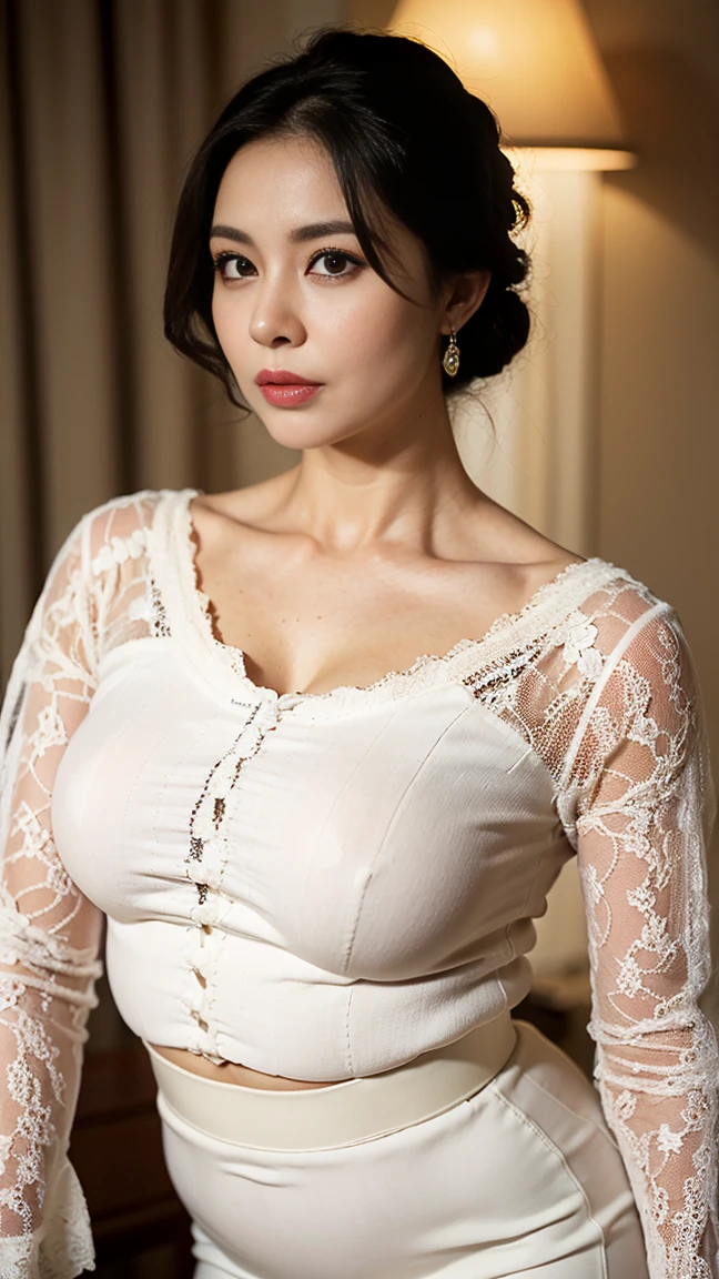 Short hair and white with bangs, Bewitching Mature Woman, , French Bob, White skin!!, 短い茶色の髪とBig eyes, Soft Portrait Shot 8k, Beautiful light、Big eyes, Long Hair, Best image quality, masterpiece, (Big Breasts), (Chubby),