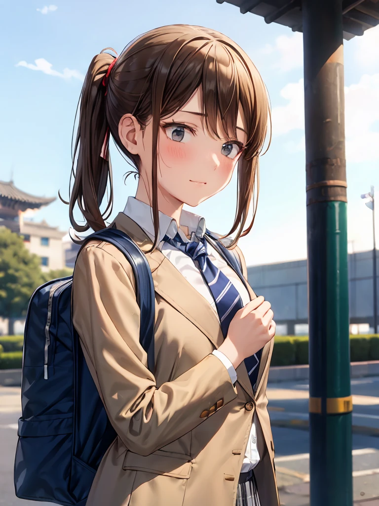 Fluffy ponytail, brown hair,A girl carrying a rucksack is posing for a photo shoot,  navy blue blazer uniform  ,   white shirt,  playing a red and gray striped tie ,   grey plaid skirt ,   Big Chest in a Temple  ,Outdoor urban environment,  natural light, Casual atmosphere , Front View, The depth of deep writing, Proportionate exposure