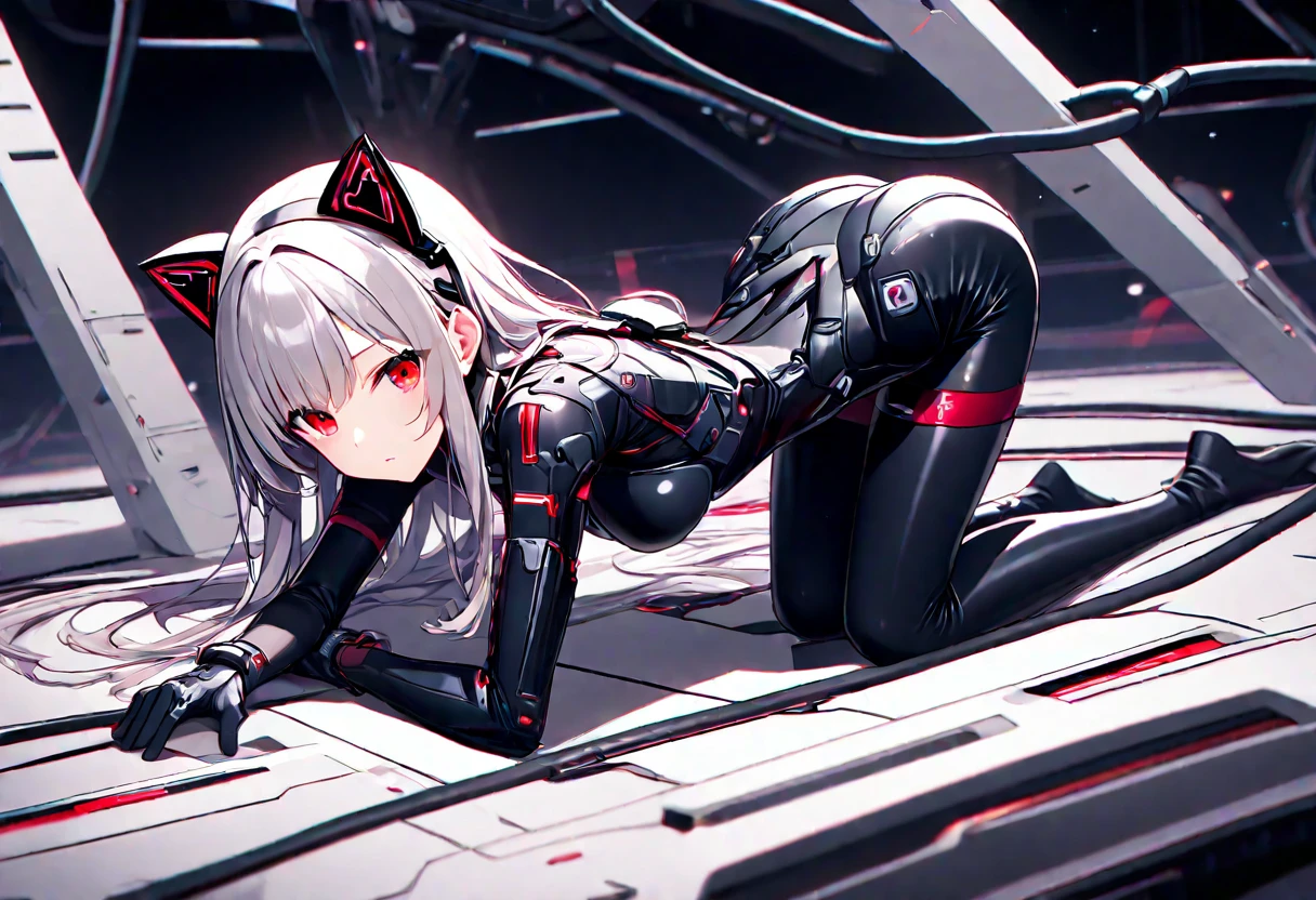  4K,  hair 、stockings,    Red eyes , , cat cyber ears,  high definition  , One, masterpiece,    best quality,  duration ,  tight combat suit, 1 girl,  full body , tight space,  on all fours, In the ventilation, 