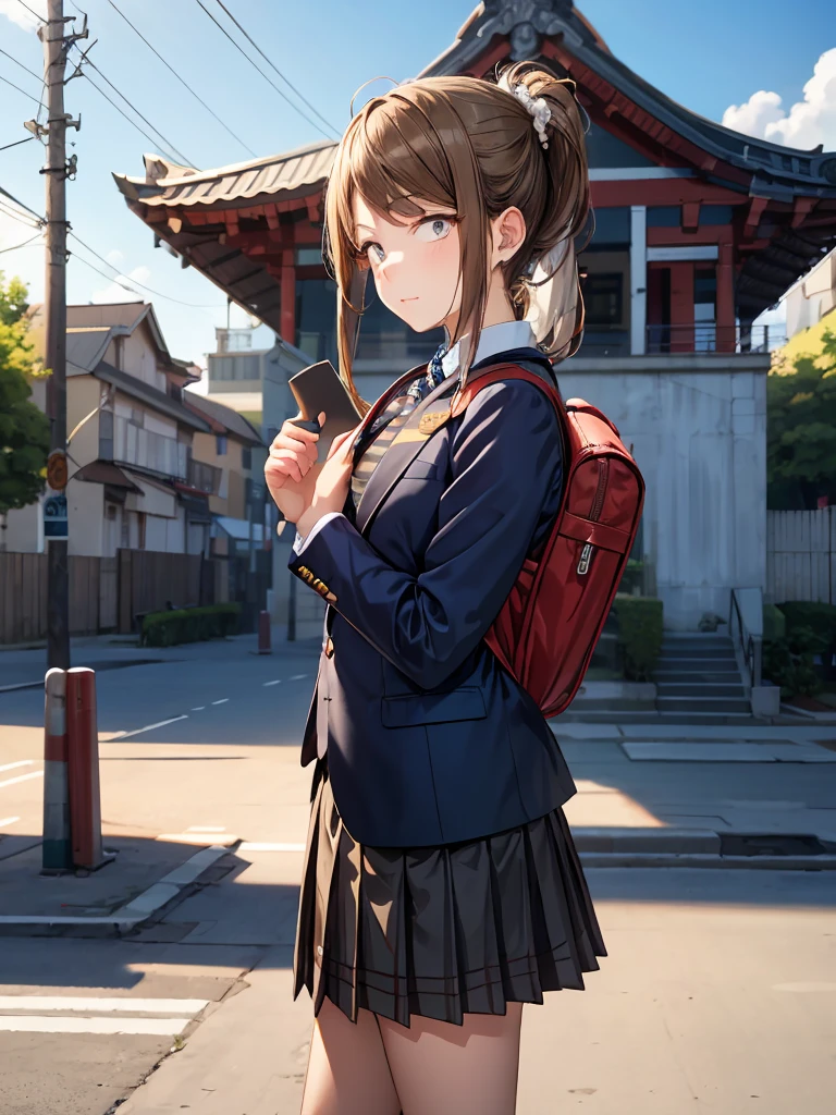 Fluffy ponytail, brown hair,A girl carrying a rucksack is posing for a photo shoot,  navy blue blazer uniform  ,   white shirt,  playing a red and gray striped tie ,   grey plaid skirt ,   Big Chest in a Temple  ,Outdoor urban environment,  natural light, Casual atmosphere , Front View, The depth of deep writing, Proportionate exposure