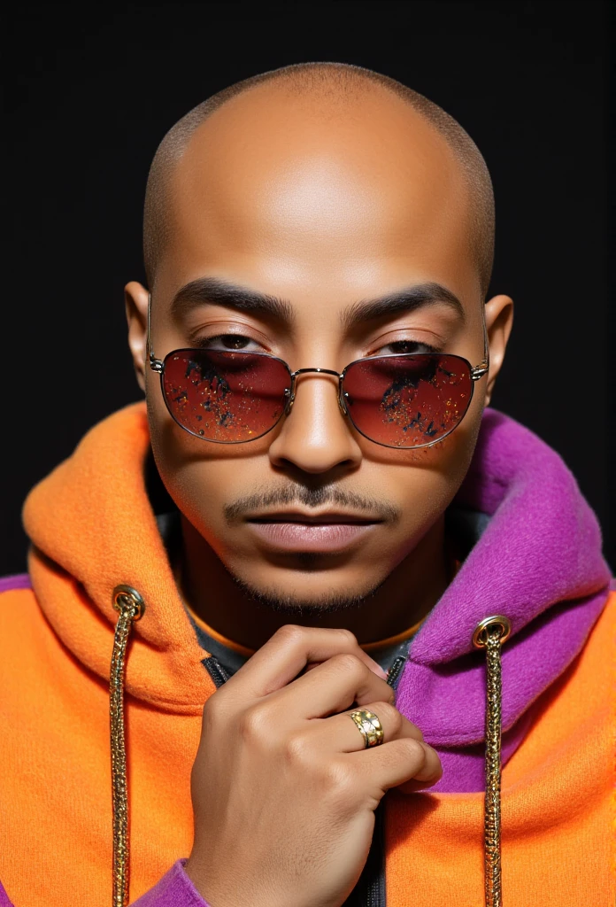 A Photorealistic far shot Image of Nztykle IG_MODEL Male Bald Man wearing A zkvxf Diamind chain Character Medallion, wearing a orange and purple and gold  ral-fluff Gucci x LOUIS VATTON Luxury Designer and Versace Sun Glasses Dynamic Pose::7.2  (RAW 8k photo) ((best quality)), ((masterpiece)), (realistic, photo-realistic:1.37), DSLR photo, DLSR, Real photo, , (highly detailed skin:1.2), serious expression, neutral expression, natural lighting, (latex:1.4), shiny, glossy