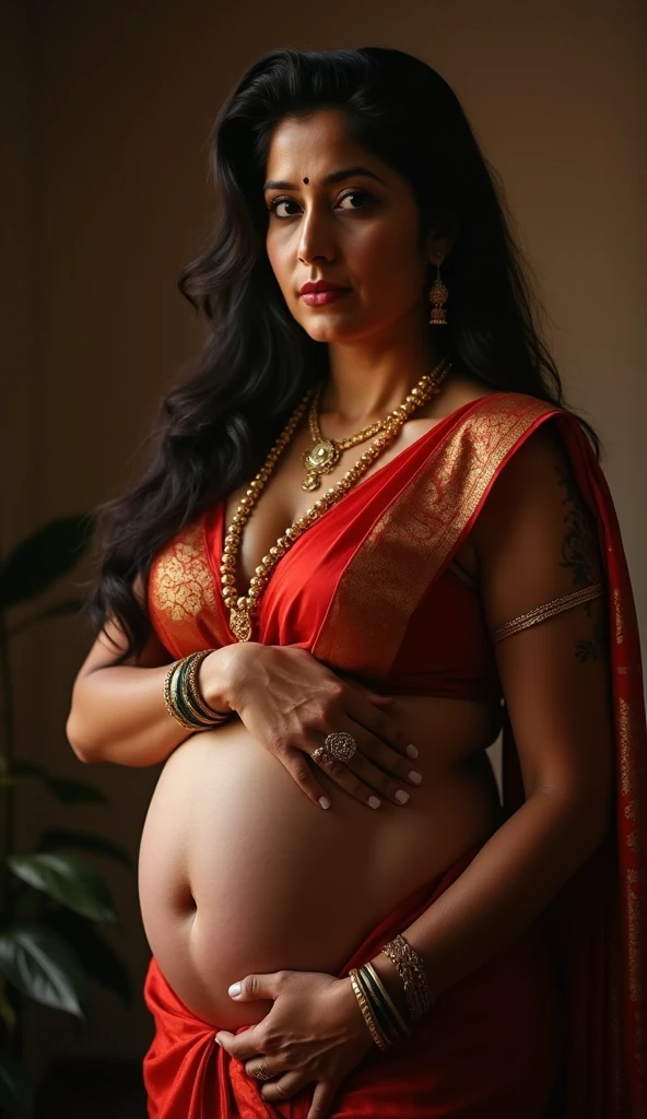 A full body photo of a beautiful woman 50 years old , padosan aunty, aunti ji, maharani, rajmata, goddess, kamadevi, clothes inspired by hindu mythology, mature aunty, milf aunty, mature beauty, curvy mommy, Sexy milf, sleeveless aunty, curvy hot mommy figure, fleshy figure, thick arms, big boobs, feminine curve, deep red lips, vintage ethnic traditional Indian saree without blouse, boobs visible, complete naked, styled black hair, (face portrait:1.5), dramatic light, Rembrandt lighting scheme, full body shot, top quality editorial photograph, skin texture, skin pores, fair milky skin, high quality skin, top quality photography, professional photography, professional retouching, insane detailing, warm moody tones, highly detailed stubble armpits, skin pores, visible veins, skin texture, freckles 0.2,plump body, deep navel, toned belly, tattoos in arm,detailed stubble armpits, insanely detailed skin texture,rough mature skin, visible pores, fine lines, alluring desi Amma, deep navel, yummy mummy,sexy mature loose skin,