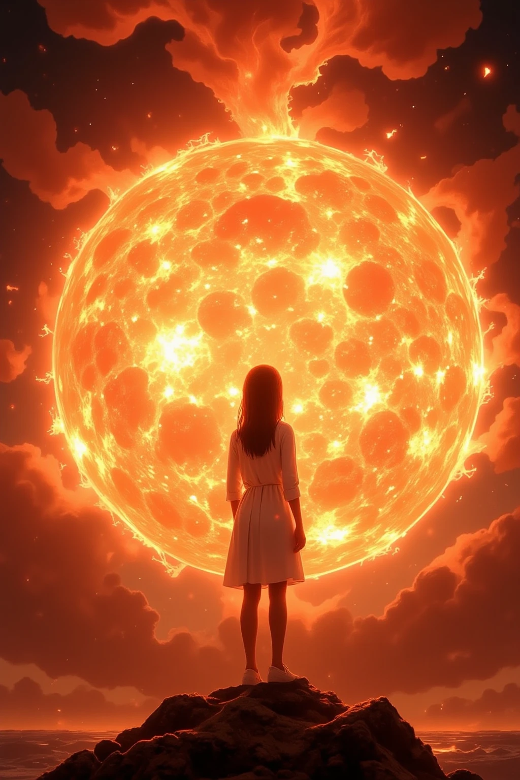 1girl standing at sun surface. looking at huge solor tornado.focus on solar tornado. close-up of solar tornado.