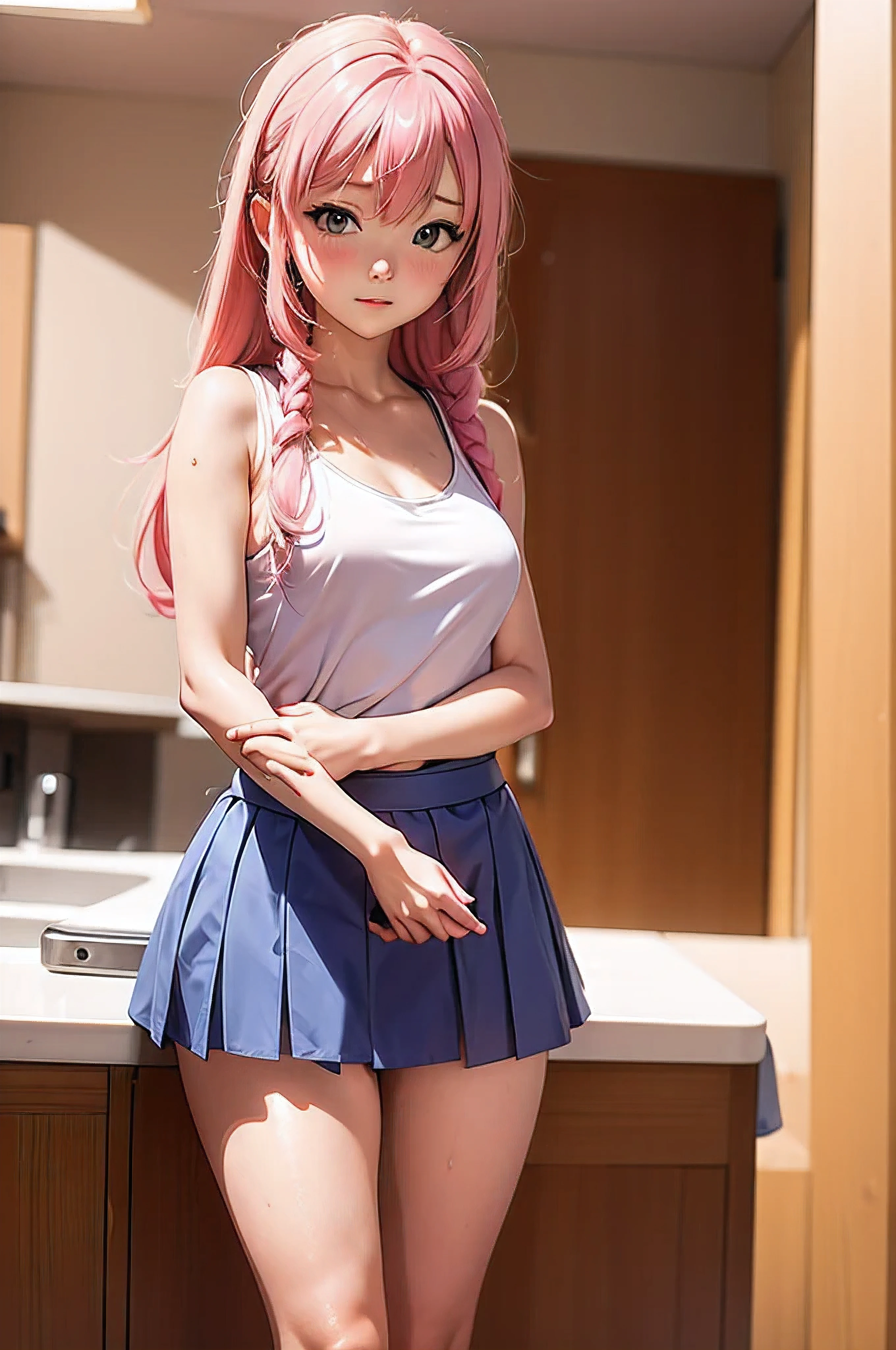  anime girl with pink hair and blue skirt standing in front of a sink, seductive  anime girl, hyperrealistic student , a hyperrealistic student , realistic student , ecchi,  beautiful and attractive anime teen , ecchi anime style,  beautiful anime girl from high school , ecchi style, |  fine-detailed anime ,  Sakura Kinomoto , ( anime girl)