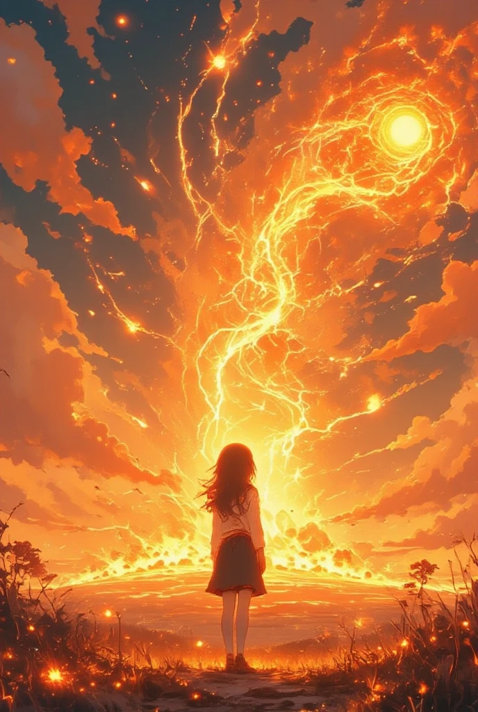 1girl standing at sun surface. looking at huge solor tornado.focus on solar tornado. close-up of solar tornado.