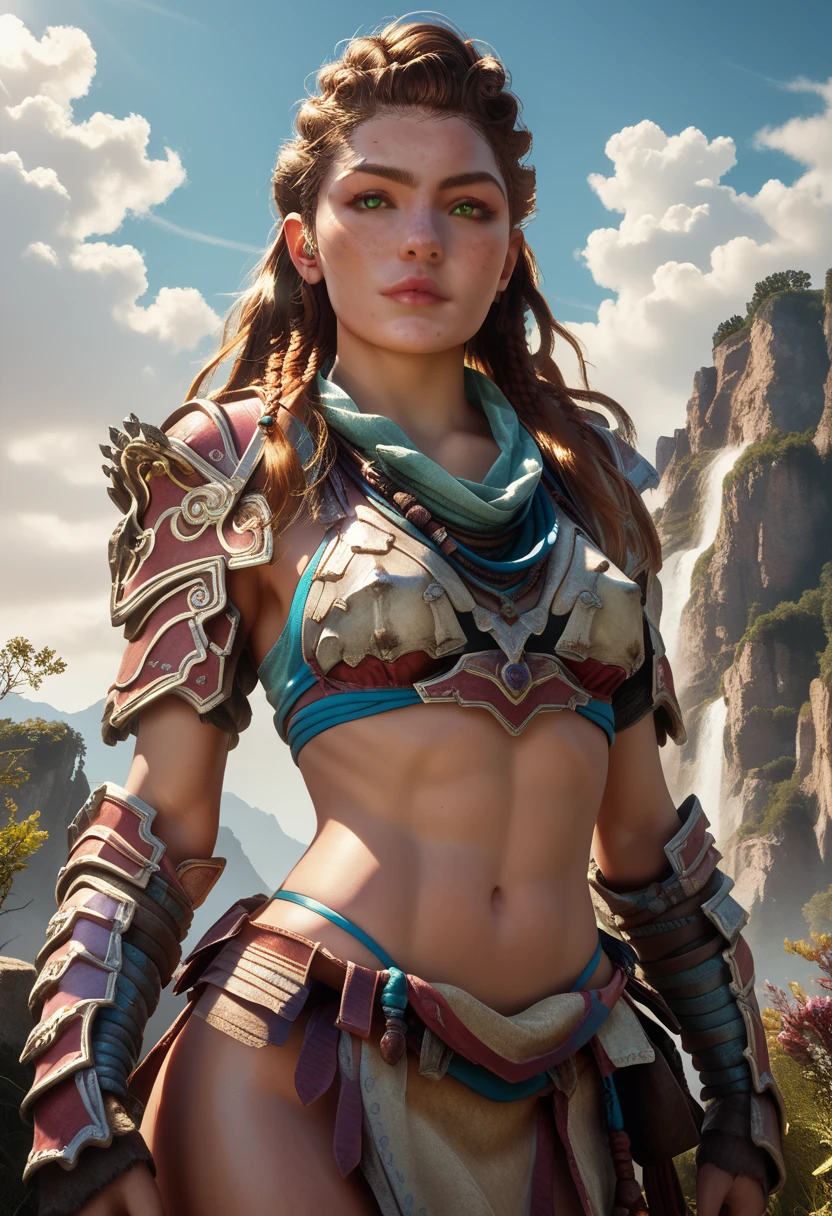 1woman, (Aloy:1.37), (Horizon Forbidden West Aloy:1.27),slim and toned, reddish brown hair, braids and hair ornaments, detailed green eyes, freckles, (small bust), (wearing string only micro bikini), (bikini armor:1.37), erect nipples, midriff, (thighs showing), ultra-detailed, beautifully detailed face, sharp green eyes, detailed lips,contrapposto stance, ((in various modeling poses)), (cowboy shot:1.32), (wide angle:1.28), high resolution, 8k, 16k, outdoor mountain landscape background, warm lighting, vibrant color palette, d3t41l3d