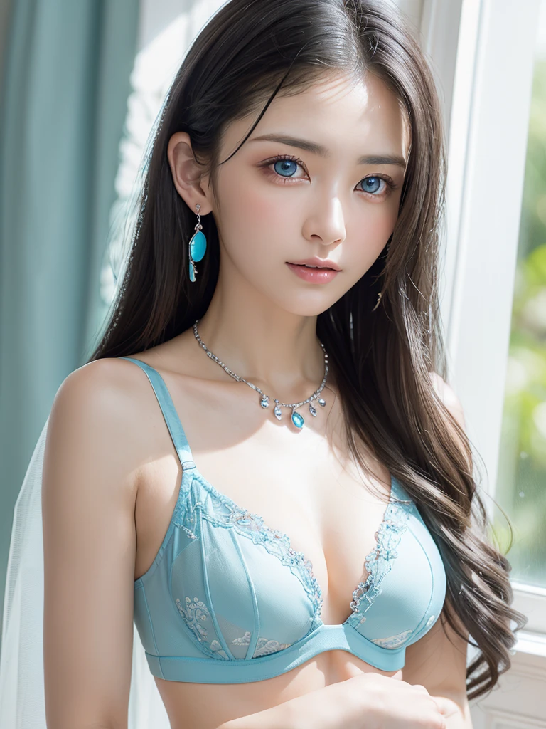 ((( sky blue bra that creates beautiful eyes &  see-through))), (((  very elegant and beautiful  , perfect detail,   super detailed))), whole body,   The most detailed girl  ,   Border Depth  , 美しく詳細なwhole body, Thin legs,   1 girl, 30 years old,   very short hair, Spiked Hair,   gray and silver hair,    beautiful detail hair ,  完璧なface,   expressionless, Beautifully detailed deep eyes,   Please open your mouth slightly,   Delicate arms and hands  ,   pale skin,  earrings for one woman, BEAUTIFUL LUXURY NECKLACES  ,  colorful background, HD Backgrounds,   blurry background,     so delicate and beautiful ,     Masterpiece    , (((  top quality,     very beautiful 8K CG Wallpaper  ))), (((  trendy hairstyle  ))), ( face,  Stylish Interior  ,  Window  ),  be sure to look at the camera  、