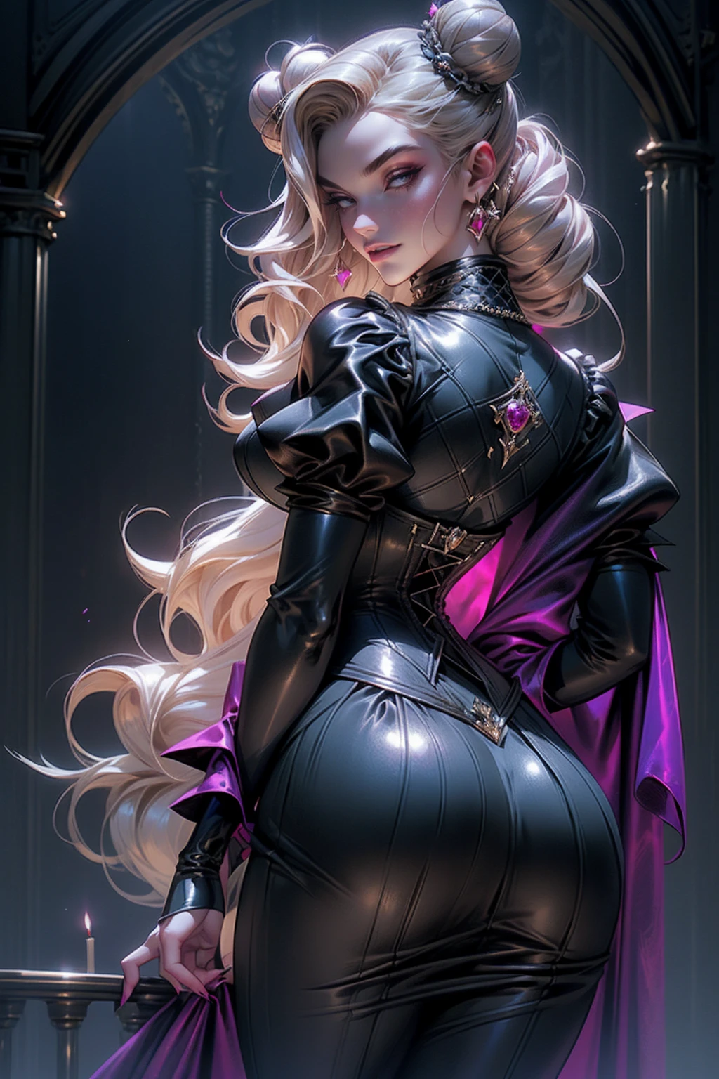 (masterpiece, top quality, best quality, official art, beautiful and aesthetic: 1.2), (1 woman: 1.3), long curly blonde hair, ((fancy bun)), Victorian style, Victorian classic, extremely detailed, portrait, looking at the viewer, solo, (full body: 0.6), detailed background, close-up, mischievous eyes, (cold midnight castle theme: 1.1), vampire, long fangs, blood on chin, huge lips, charlatan, mischievous smile, mysterious, being seductive on the balcony, revealing gothic dress, extremely tight bodice, black costume, magenta skirts, off-the-shoulder, long sleeves, loose sleeves, black leather , cape, corset, black dress, fishnets, black high boots, buckles, straps, bags, glowing blood magic energy, dark magenta fabric, silver trim, black leather, extremely slim, slim waist, slim hips, medieval background (gothic castle exterior: 1.1), nocturnal, dark and mysterious lighting, shadows, magical atmosphere, abigail larson art style, backwards, looking back