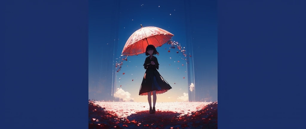 1 girl holding a transparent umbrella decorated with a large amount of rose petals, rose petals floating in the air, rose petals covering the ground, minimalism, simplistic