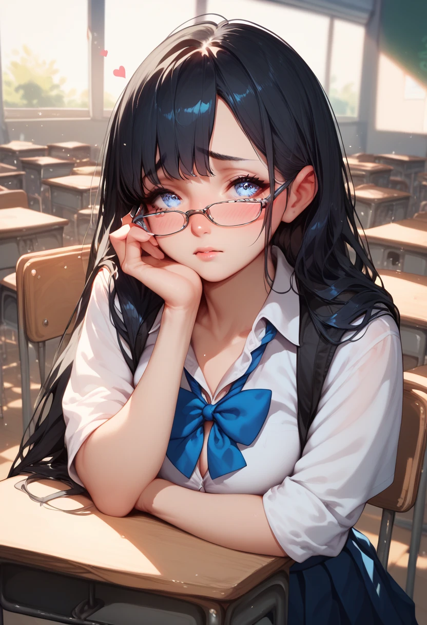 Girl, school uniform, glasses, light blue eyes, black hair, light blue hair, in the classroom, shy expression,