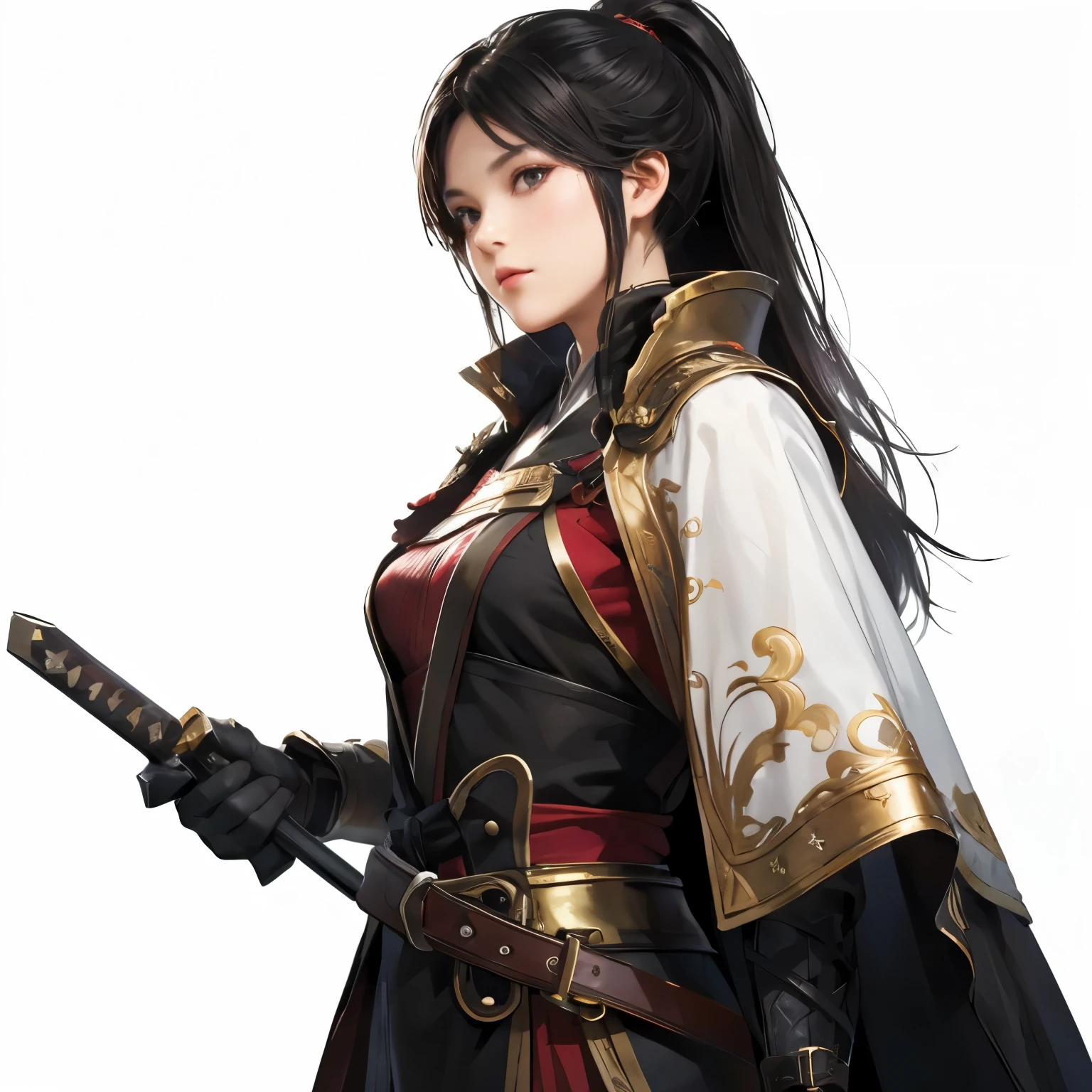   Beautiful black-haired woman ：1.3,  Amazing Character Art, Hanfu,((  pure white background)), ( top quality),  handsome，Beautiful female knight, 2. 5D CGI fantasy artwork,  detailed digital art , Very nice work of art,  fan art best art station, (black velvet long cape),(warrior:1.2)( No Emotion)1.2,Japan、Exquisitely drawn hands 、 I'm putting my hands on my lower back,He has a sword on his waist、 facing the front 、