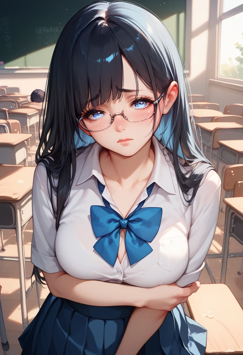 Girl, school uniform, glasses, light blue eyes, black hair, light blue hair, in the classroom, shy expression,