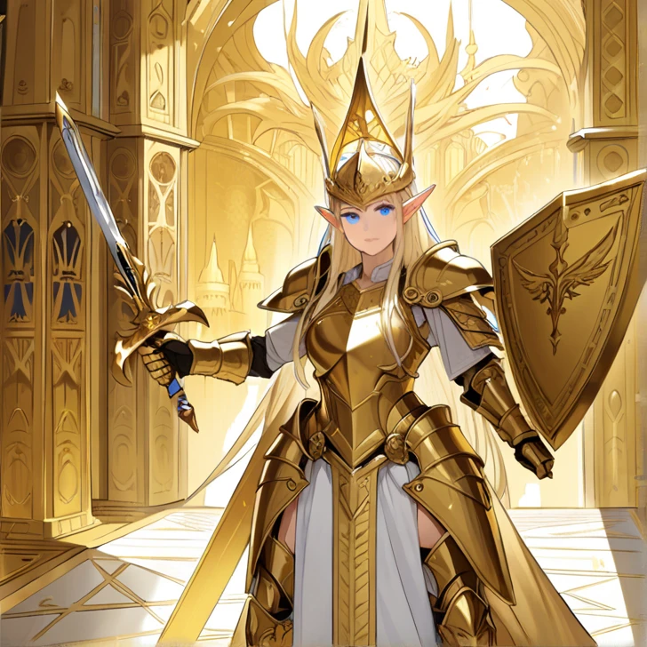 Masterpiece, HD, high resolution, high quality, best quality, super detailed. Solo character alone, multiple views. Fantasy art.
{{(An Elf queen of 1.000-years-old mature adult milf:(beautiful face. sexy feminine and sexy features. beautiful light-blue eyes. golden long hair. golden eyebrows. holding a golden sword with her right arm, holding a huge golden shield with her left arm.),(hostile demeanor. She’s standing on guard at her golden throne room. holding fiercely her sword with right arm. Holding her shield with left arm. She stands 1,90-meters-tall.),(She wears: Full plate royal bulky heavy golden armor: big golden shoulder plates. full golden breastplate. Full golden armor cuirass. full golden steel boots. full golden gauntles. golden chain mail under the armor. golden scale mail under the armor. full golden helmet adorned with golden magic-wings. front visor. golden helmet crest.),(scenery: royal elvish castle. Golden walls. White floor. White pilars. Golden and white colored queen’s throne.))}}