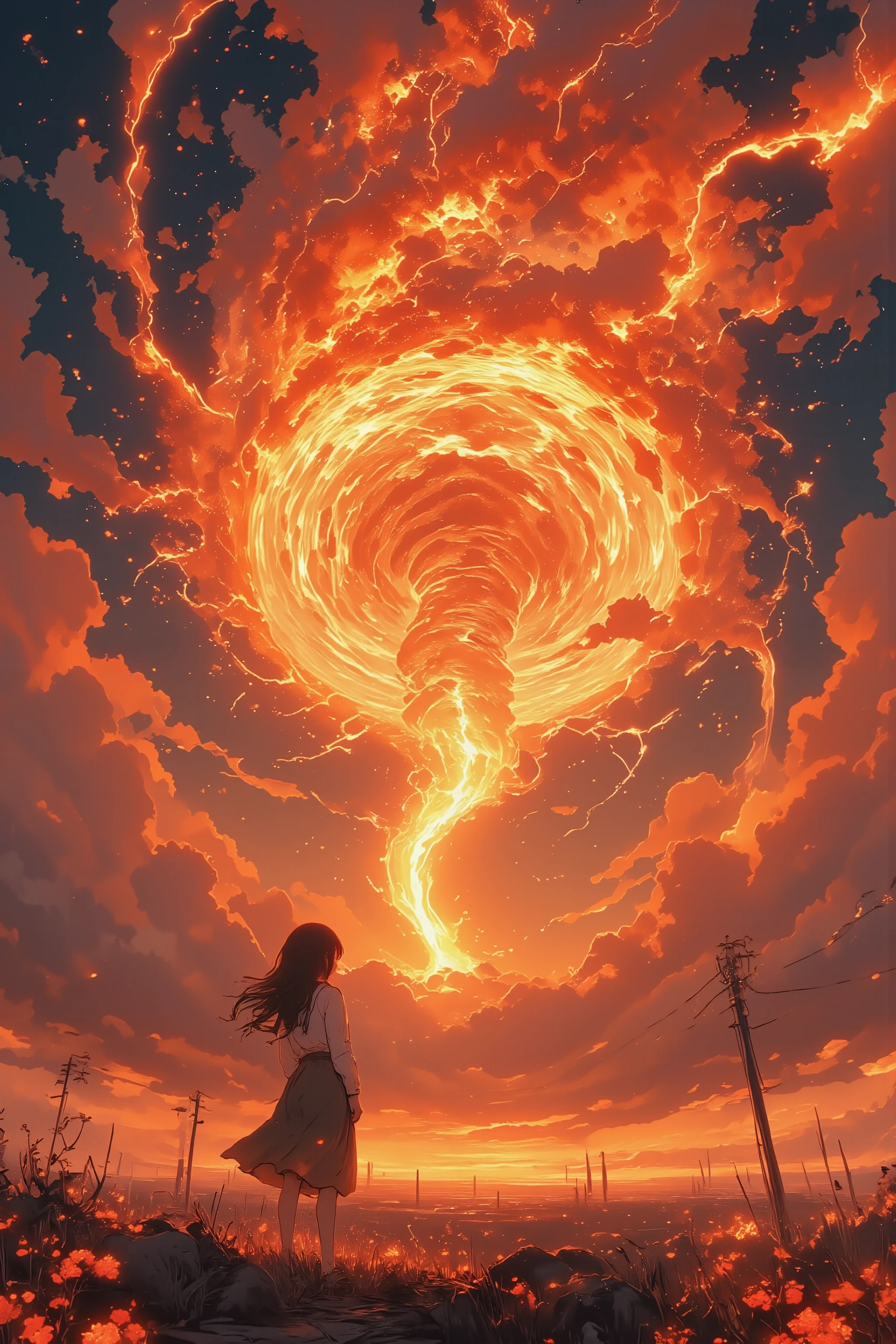 1girl standing at sun surface. looking huge solor tornado.focus on solar tornado. close-up of solar tornado.polar vortex.at ground, there is Solar flare, Solar spicule,solar prominence,Solar plage ,solar corona,coronal loops,dark filament,chromosphere,Solar transition region.,