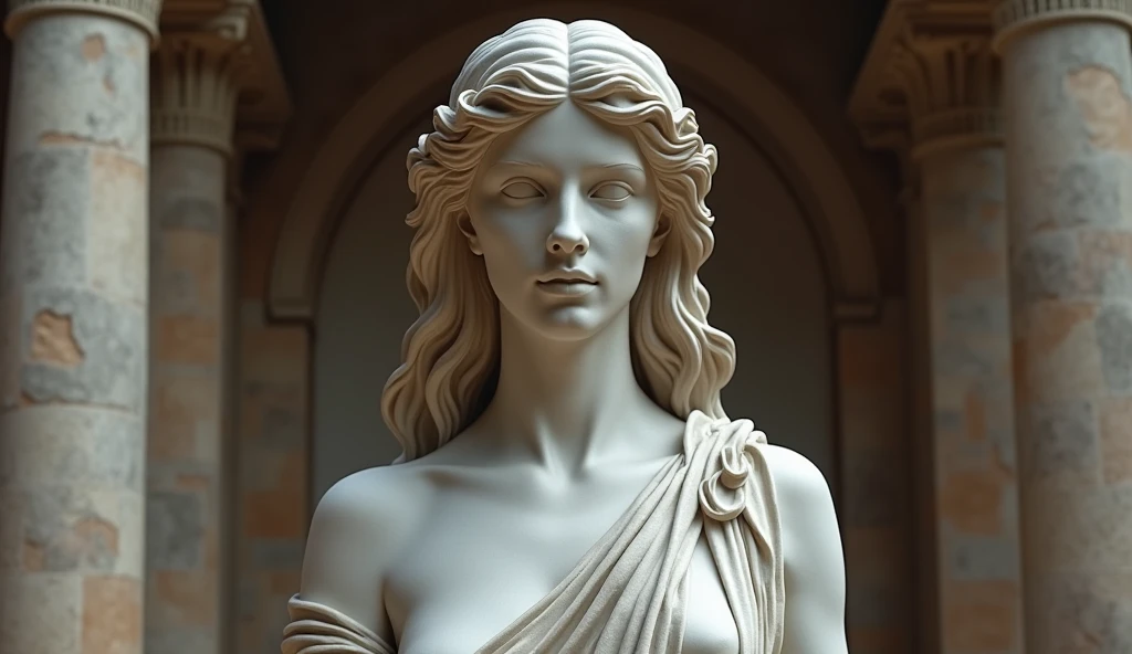 (photorealism:1.2)

A Greek-like statue of a modern day woman with long hair and a heavenly halo above her head. The background is a heavy gray color with soft lighting. A tear falling from her right eye.